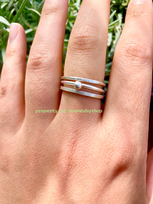 3 Handmade Hammered Silver Rings Set – Thin, Textured, Stackable with Unique Designs