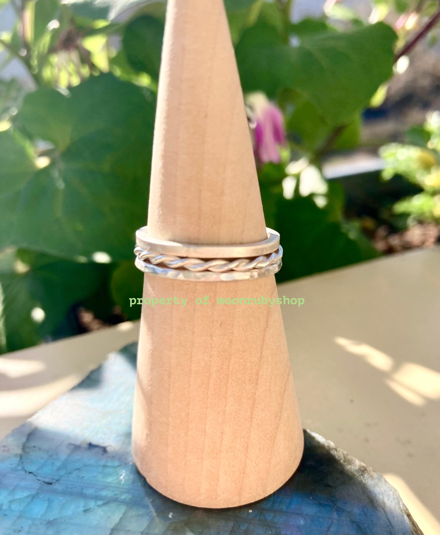 3 Handmade Stacking Silver Rings Set – Twisted Wire, Satin-Finish, and Hammered Designs