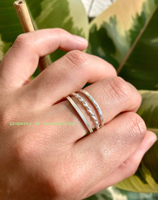 3 Handmade Stacking Silver Rings Set – Twisted Wire, Satin-Finish, and Hammered Designs