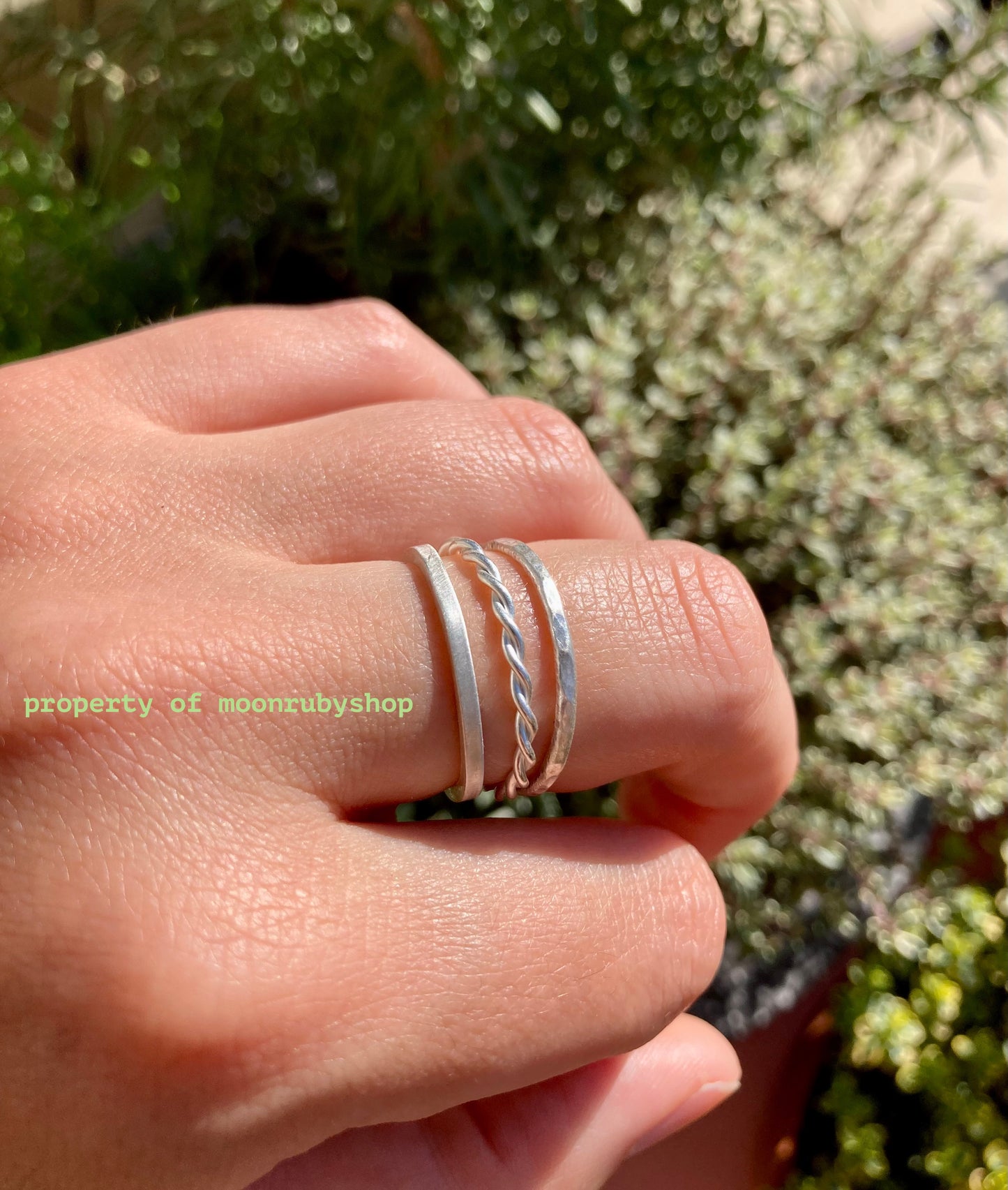3 Handmade Stacking Silver Rings Set – Twisted Wire, Satin-Finish, and Hammered Designs