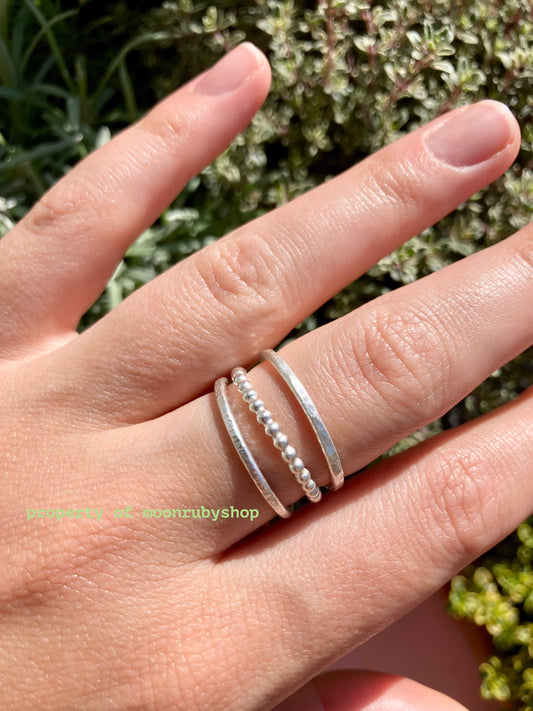3 Handmade Textured Silver Rings Set – Thin, Stackable with Unique Hammered and Ball Wire Designs