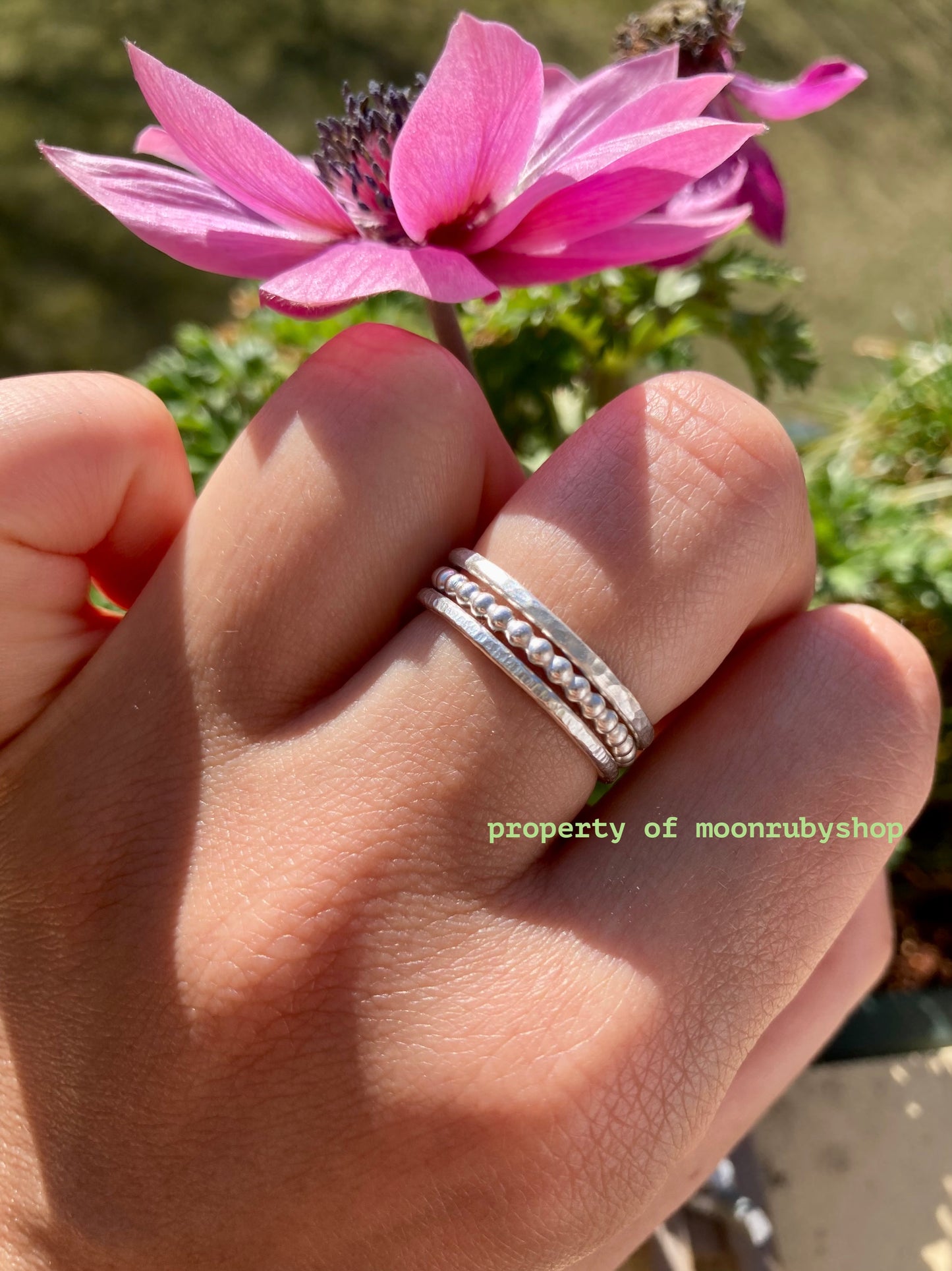 3 Handmade Textured Silver Rings Set – Thin, Stackable with Unique Hammered and Ball Wire Designs