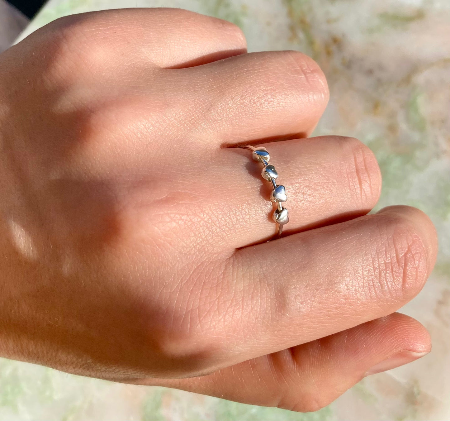 Cute Handmade Solid Silver Fidget Ring with Smooth Silver Heart Beads