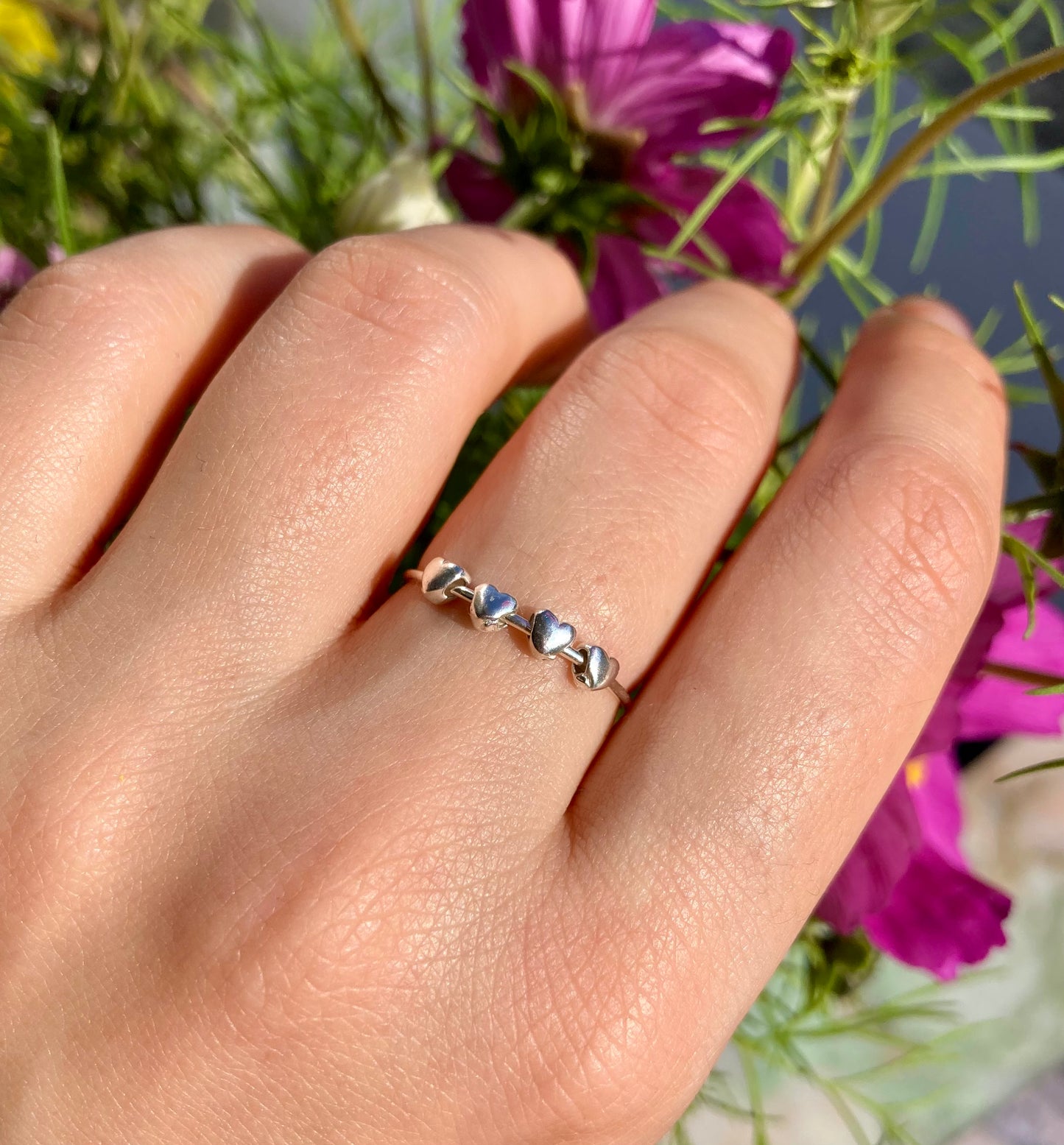 Cute Handmade Solid Silver Fidget Ring with Smooth Silver Heart Beads