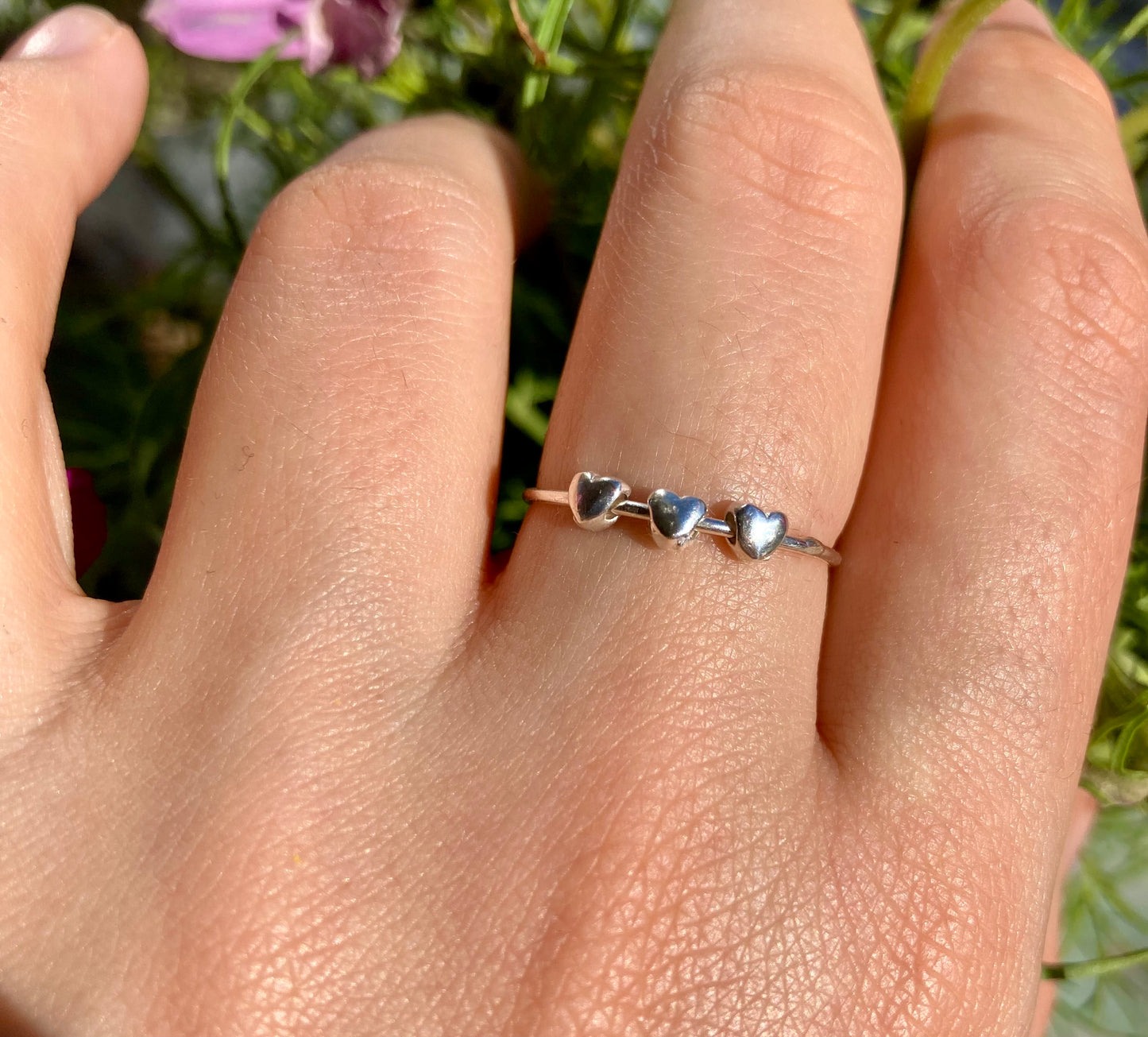 Cute Handmade Solid Silver Fidget Ring with Smooth Silver Heart Beads