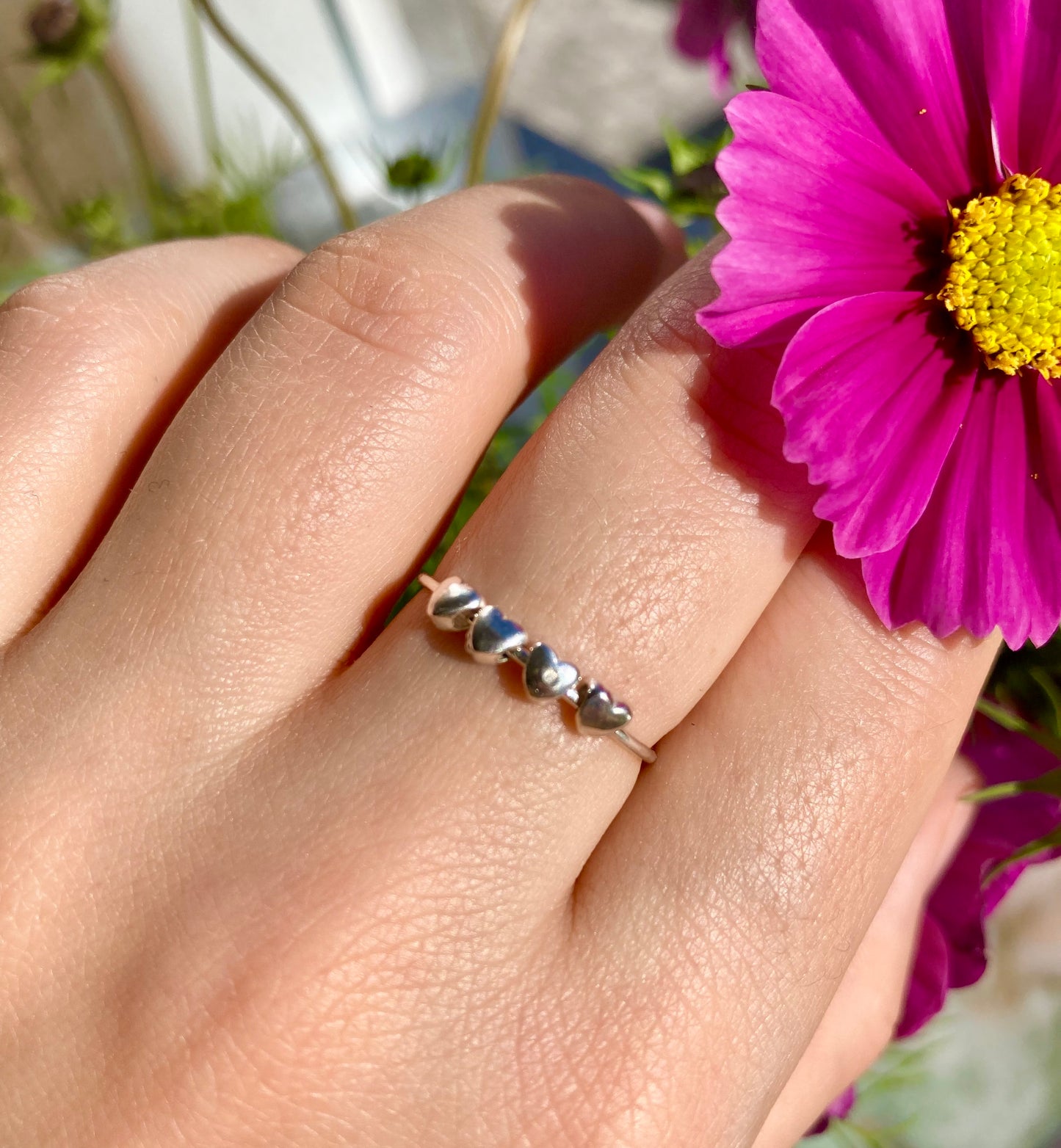 Cute Handmade Solid Silver Fidget Ring with Smooth Silver Heart Beads