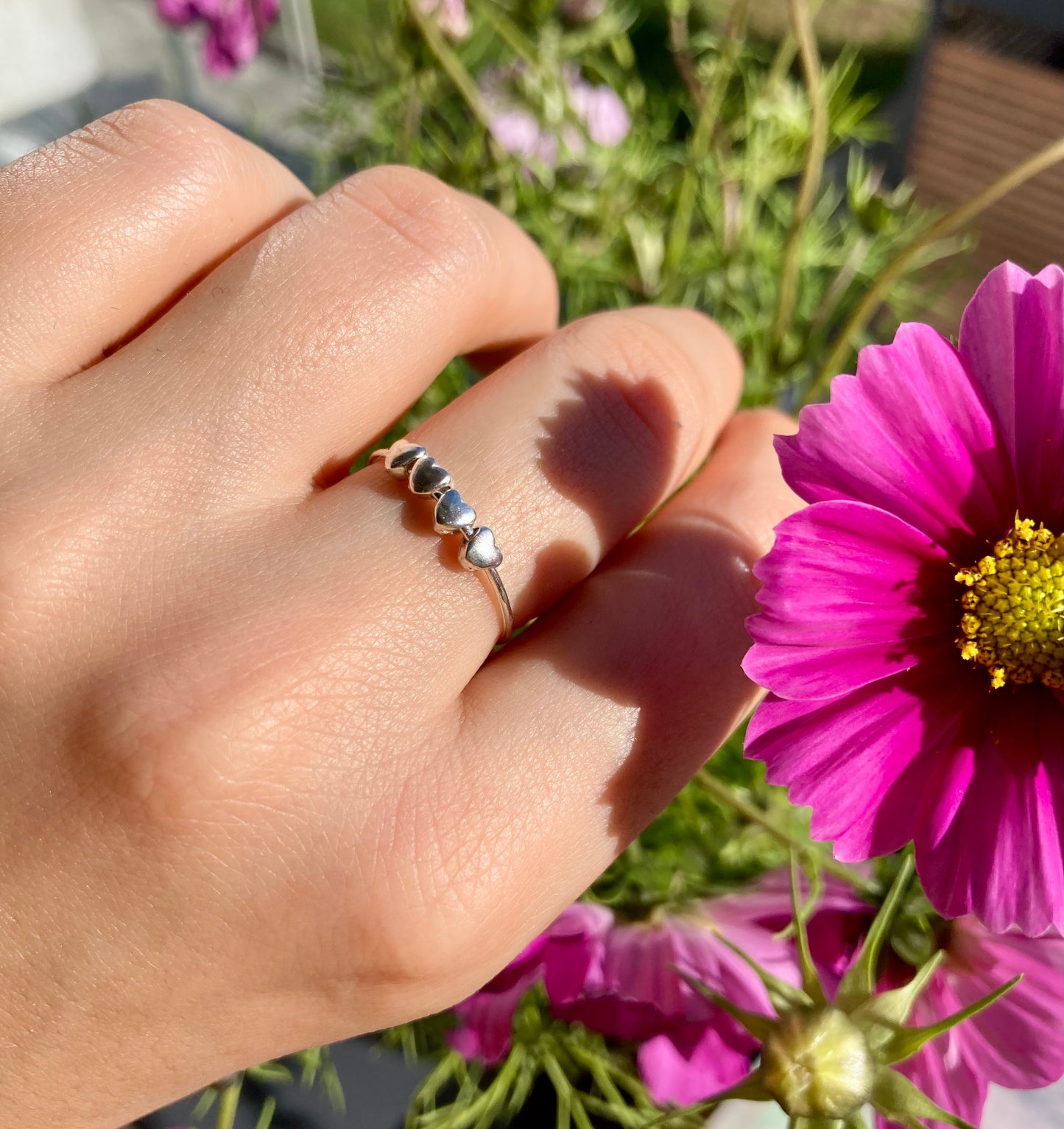 Cute Handmade Solid Silver Fidget Ring with Smooth Silver Heart Beads