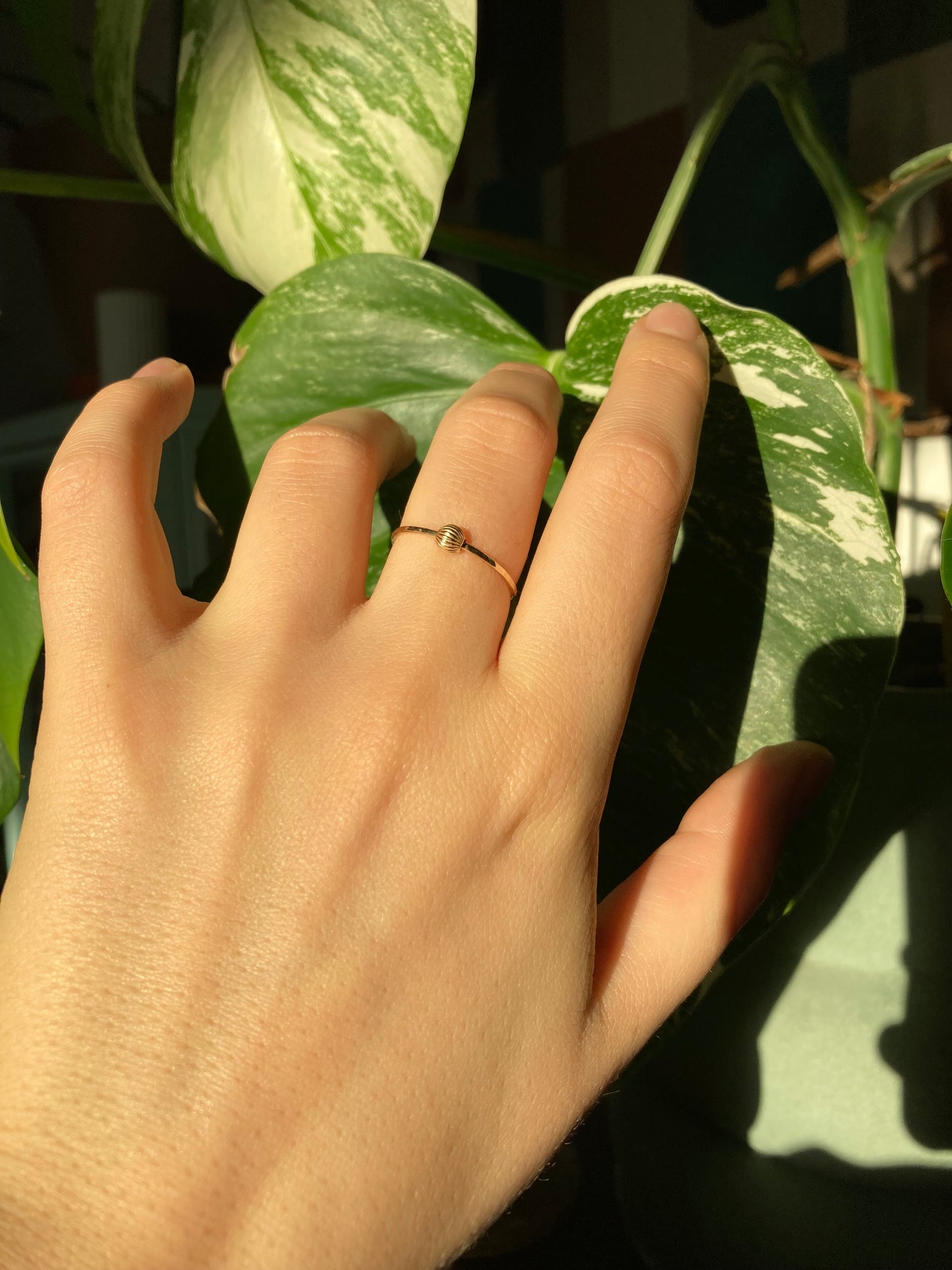 Handmade 9K Gold Fidget Ring with Hammered Band and Smooth Rolling Bead for Anxiety Relief