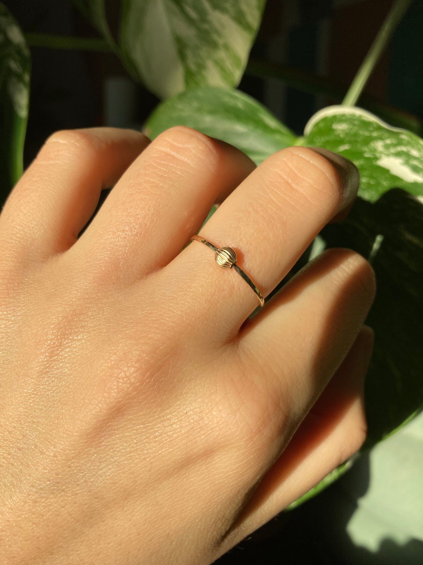 Handmade 9K Gold Fidget Ring with Hammered Band and Smooth Rolling Bead for Anxiety Relief