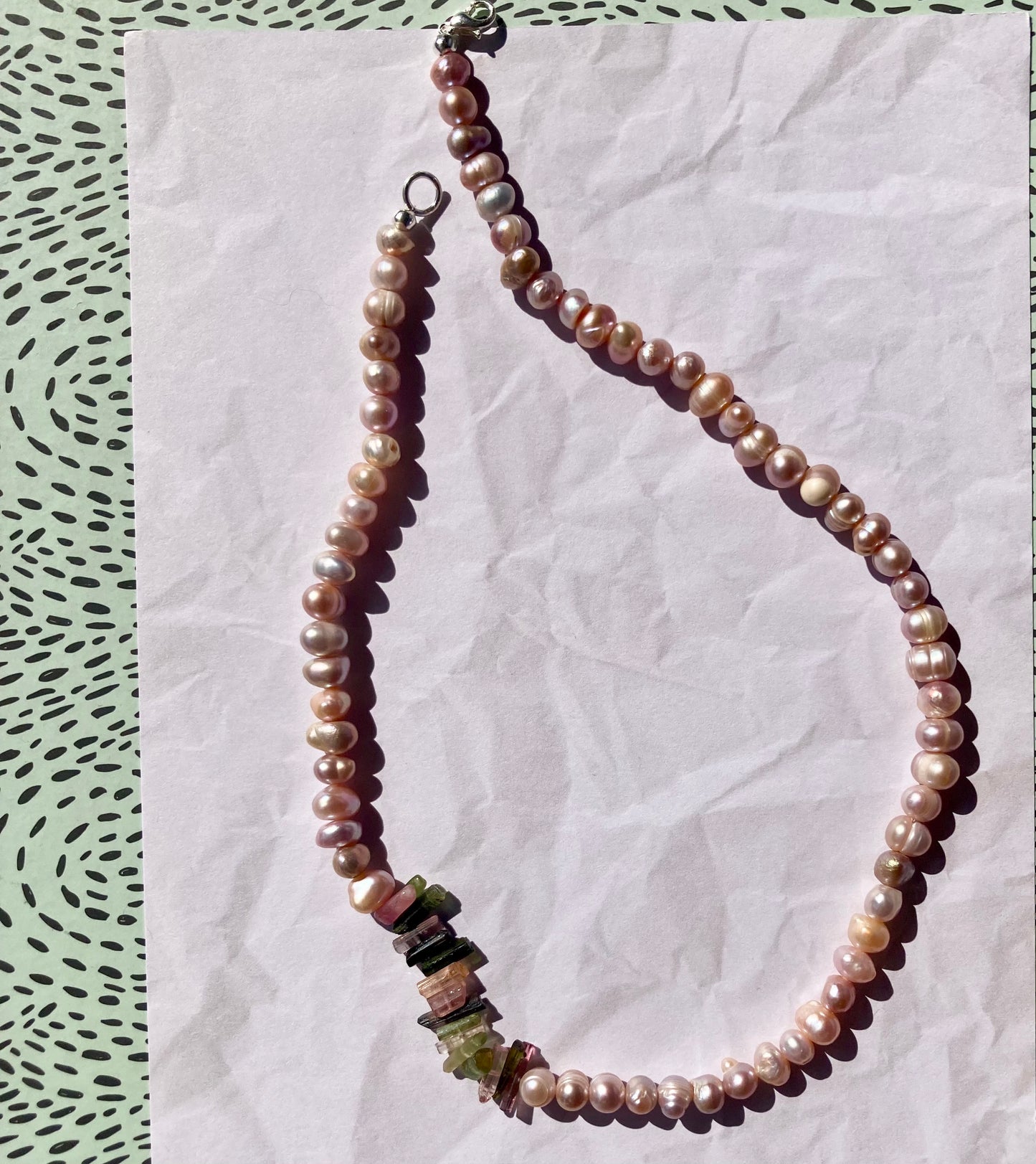Lush Peach Pearl Beads and Watermelon Tourmaline Sticks Necklace
