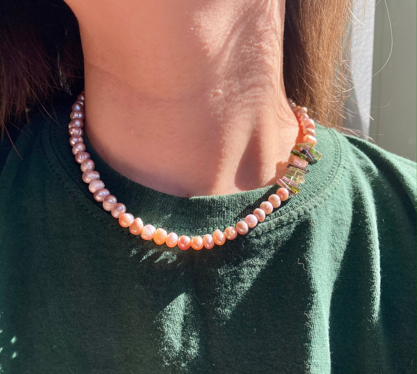 Lush Peach Pearl Beads and Watermelon Tourmaline Sticks Necklace