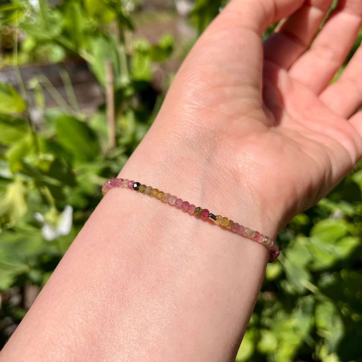 Dainty Rainbow Tourmaline Elastic Bracelet Handmade From Multi-Color Gemstone Rondelle Beads