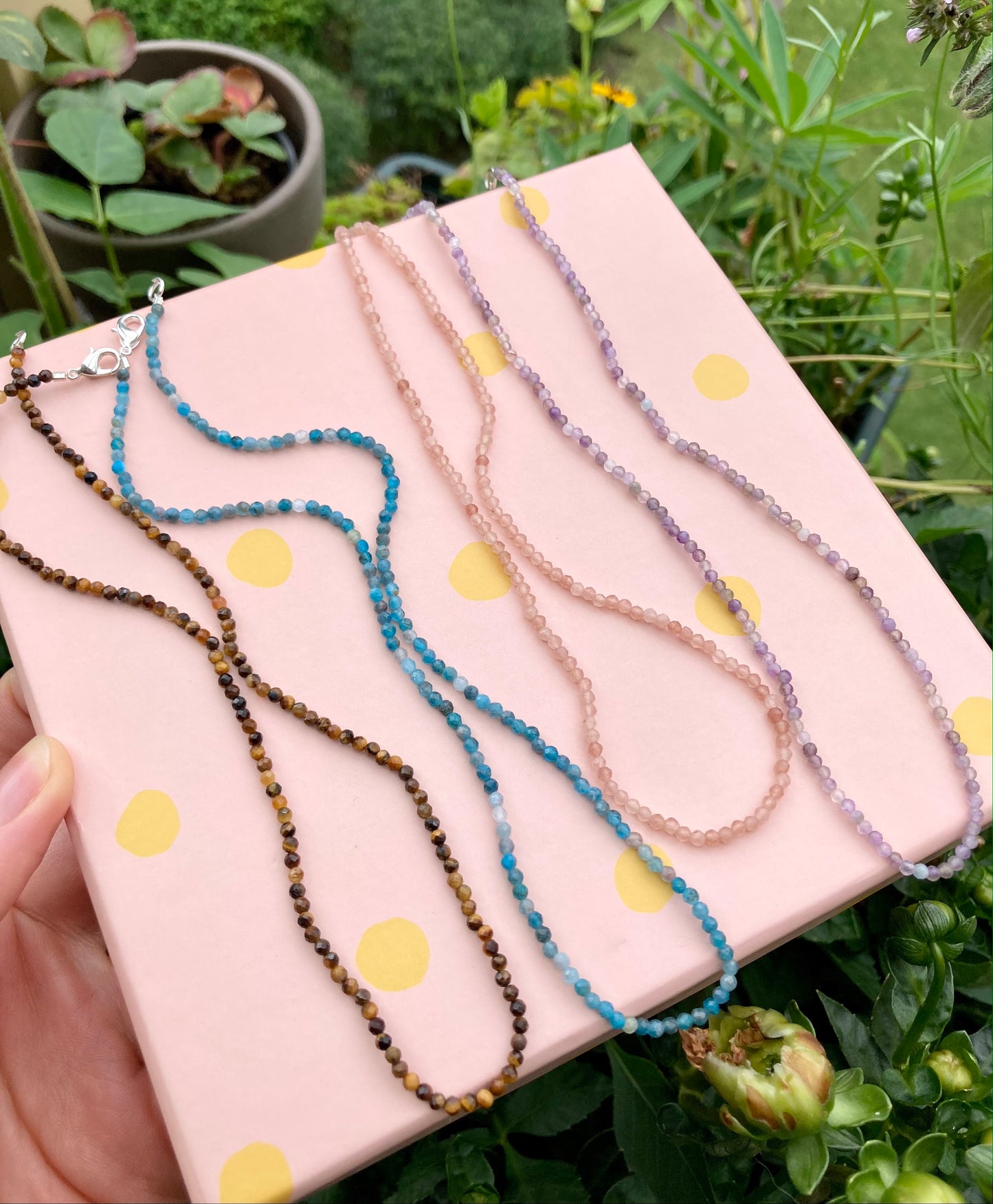 Elastic Necklace of Tiny Shiny Faceted Gemstone Beads