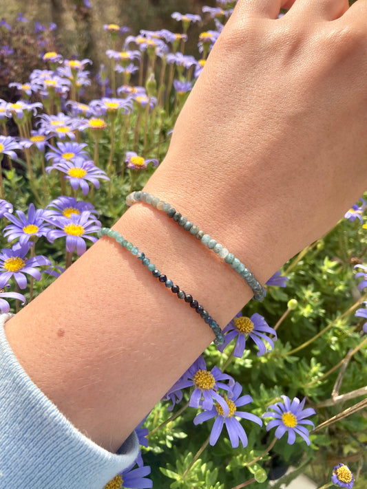 Natural Blue Tourmaline Elastic Bracelet with Faceted Tiny Gemstone Beads for Calming Benefits