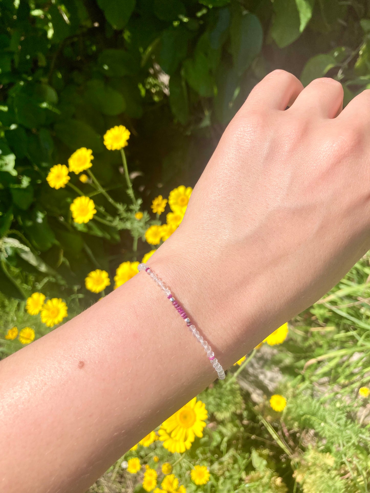 Delicate Bracelet with Ruby, Clear Quartz, and Silver Beads