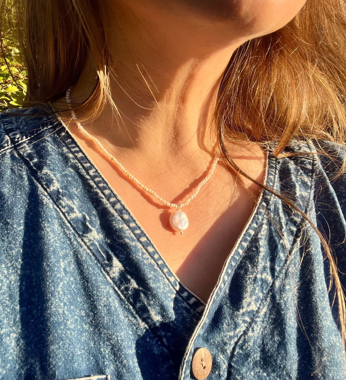 Keshi Freshwater Pearl Necklace with Sterling Silver Findings And Baroque Pearl Pendant