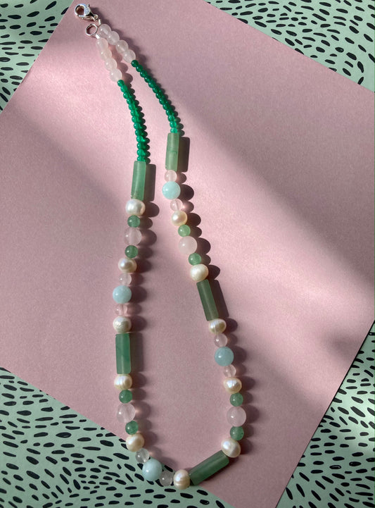 Candy-like Pastel Green Aventurine Gems and Pearls Choker