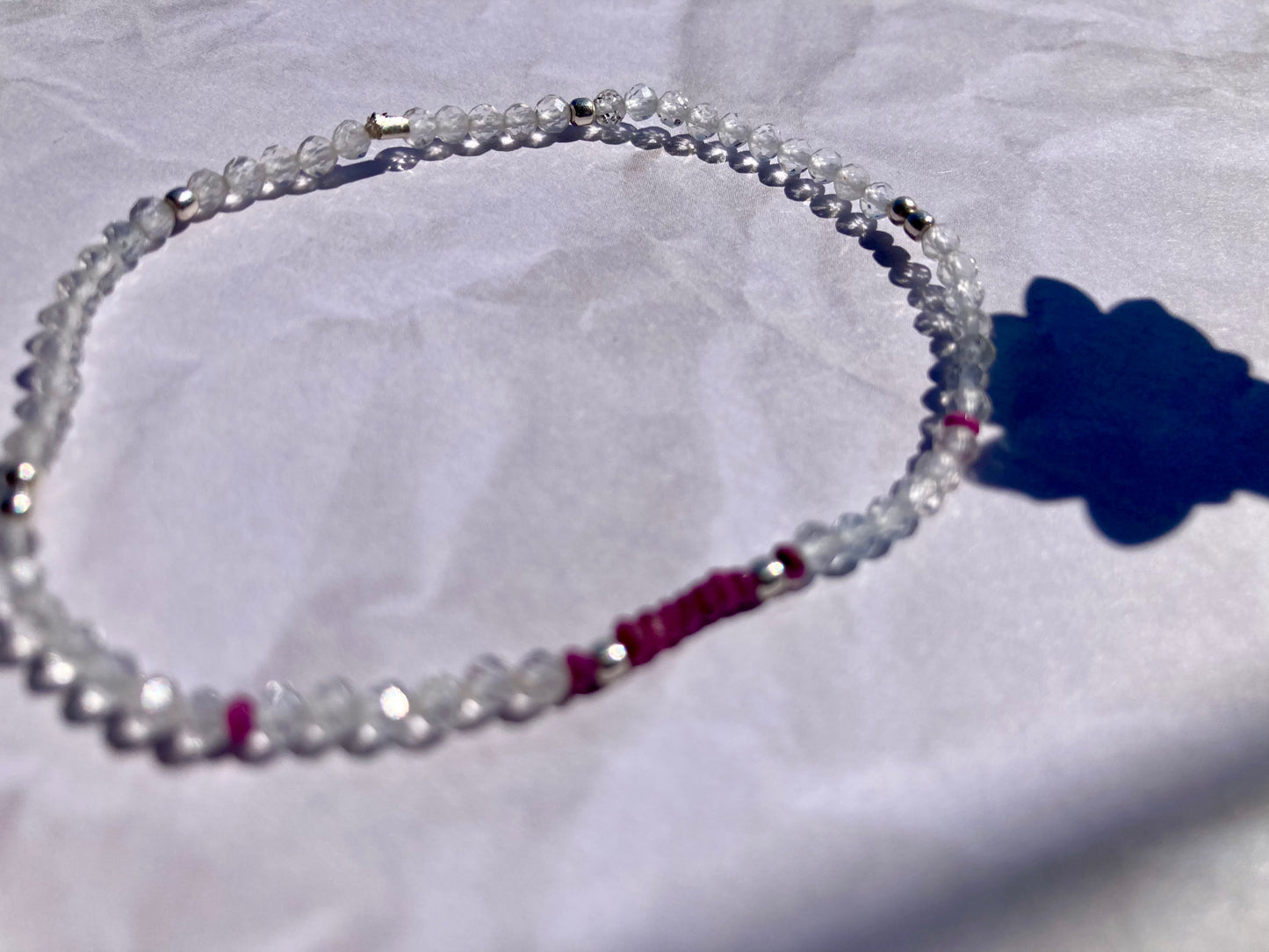 Delicate Bracelet with Ruby, Clear Quartz, and Silver Beads