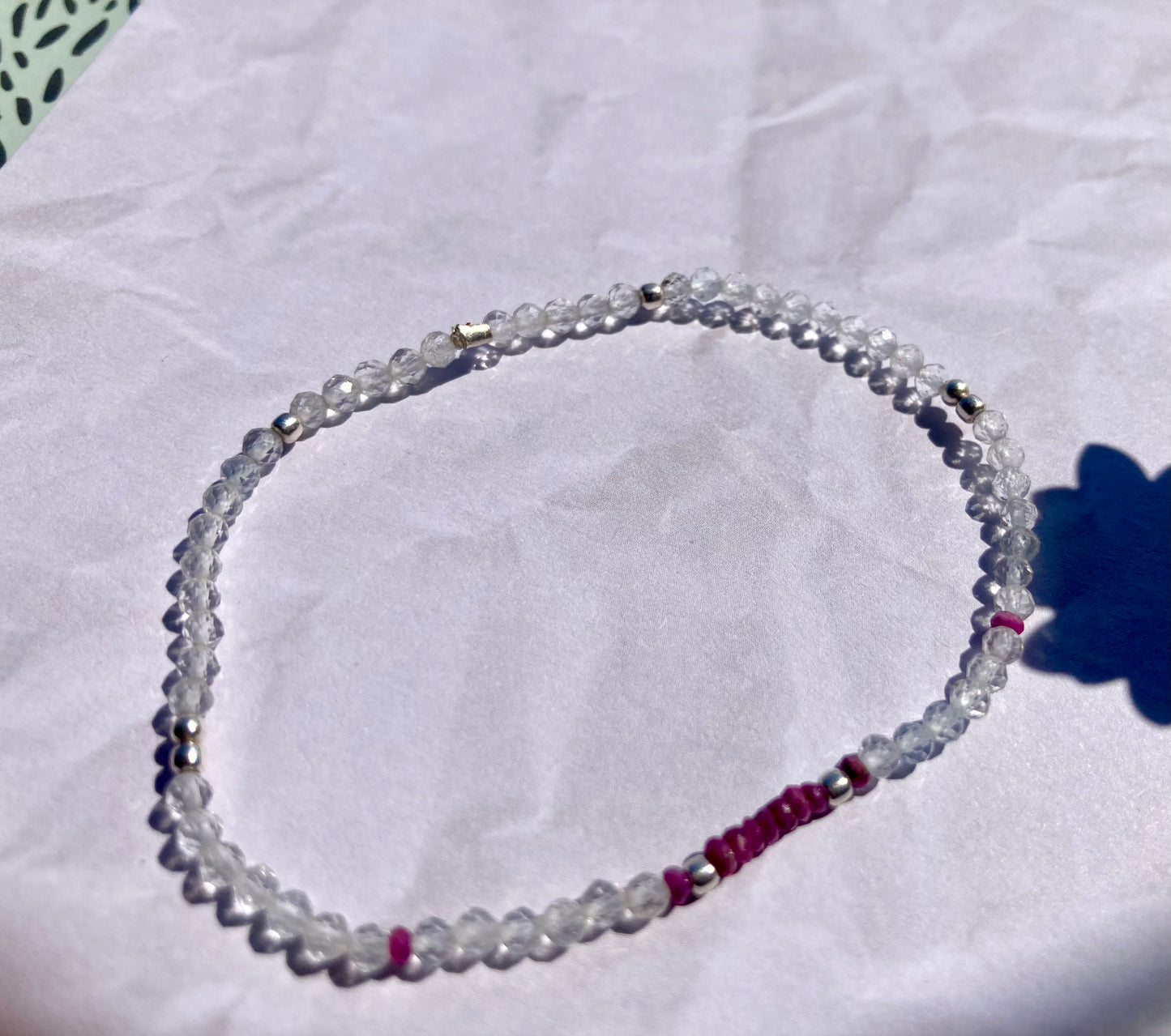 Delicate Bracelet with Ruby, Clear Quartz, and Silver Beads