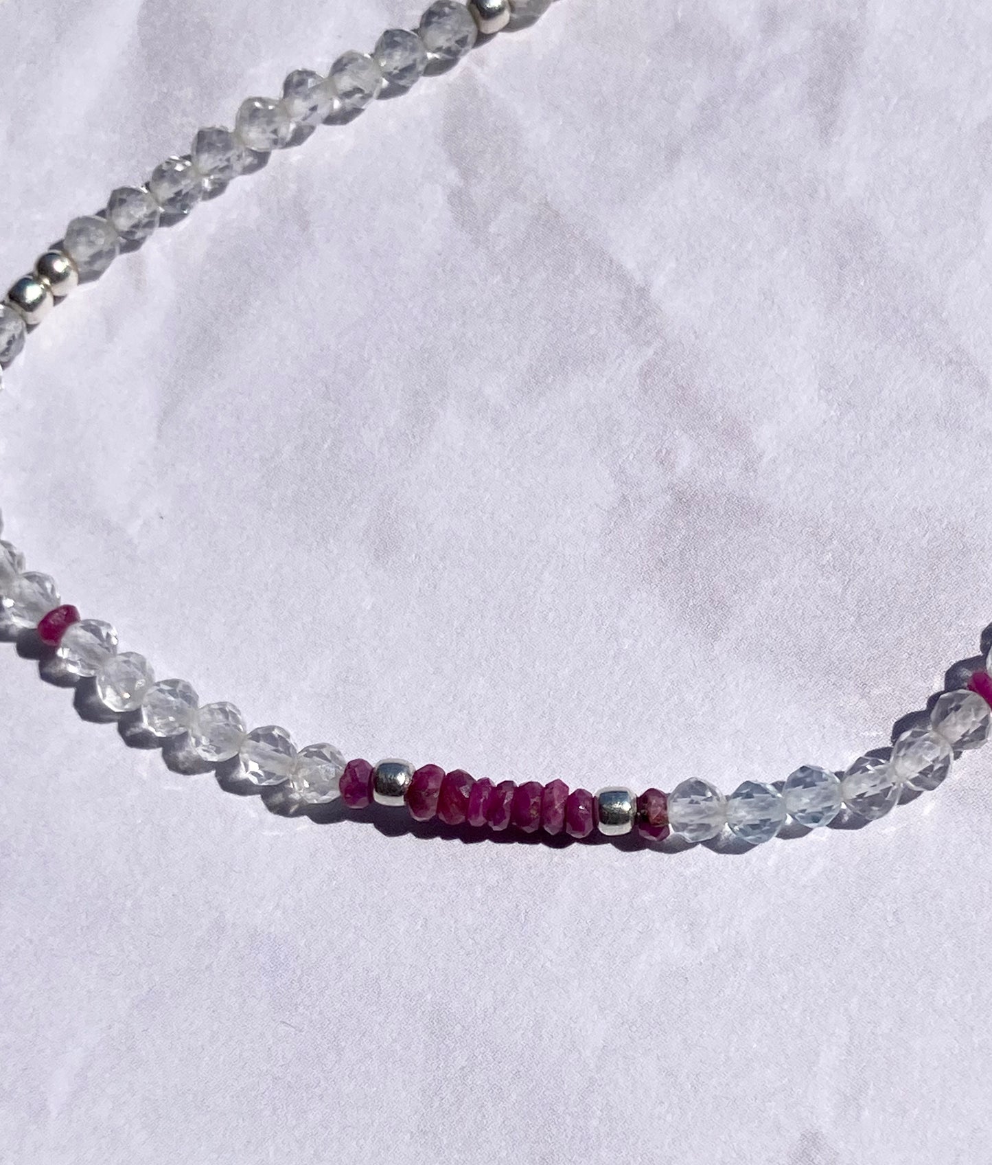 Delicate Bracelet with Ruby, Clear Quartz, and Silver Beads