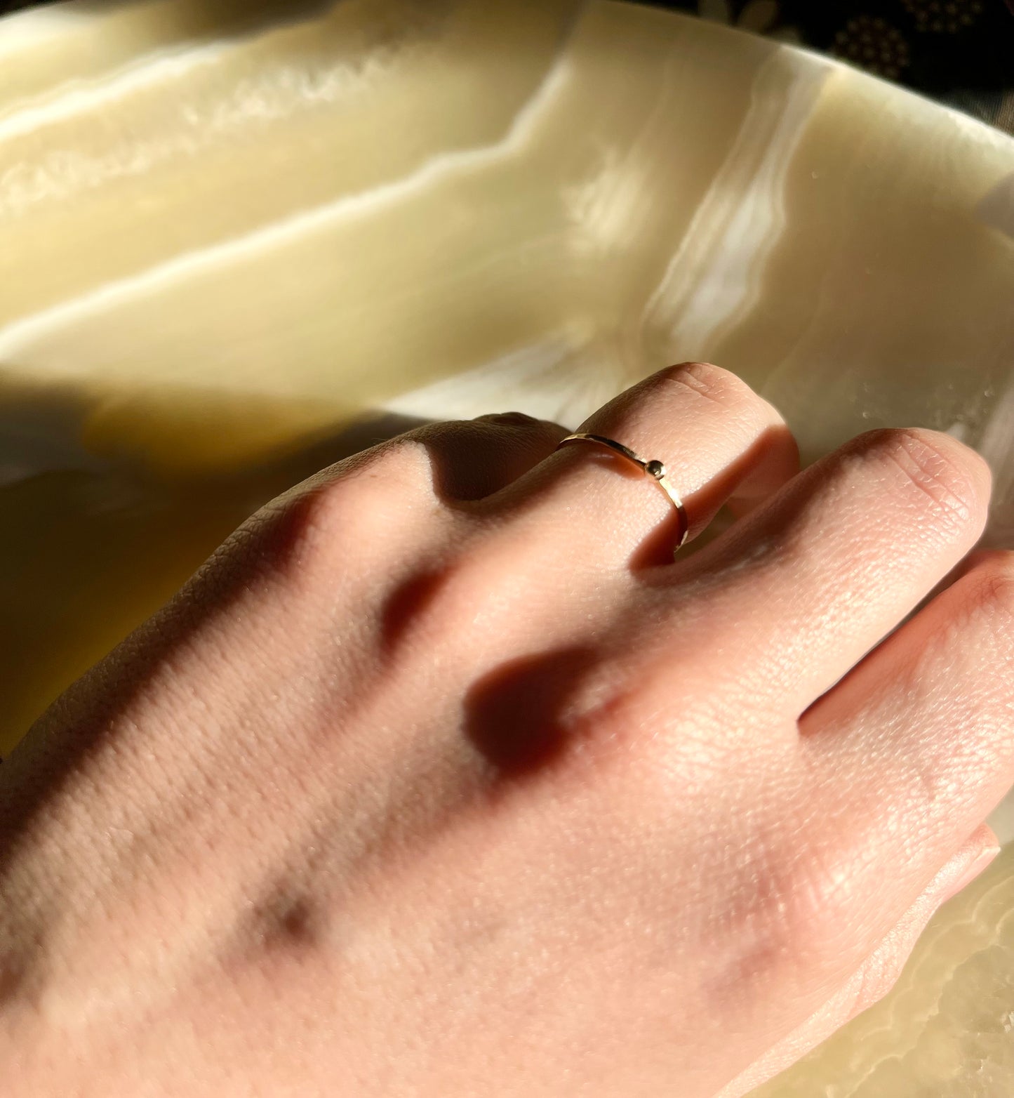Delicate Solid 9K Gold Thin Hammered Ring with Tactile Pebble Ball