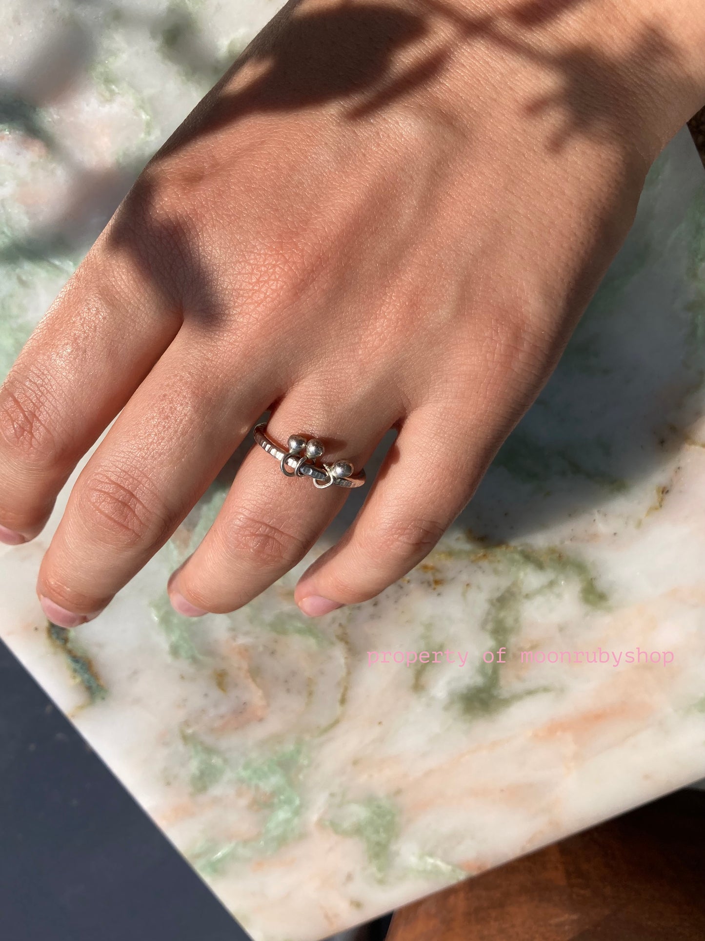 Solid Silver Worry Ring with Silver Dangly Charm Balls for Stress Relief and Focus