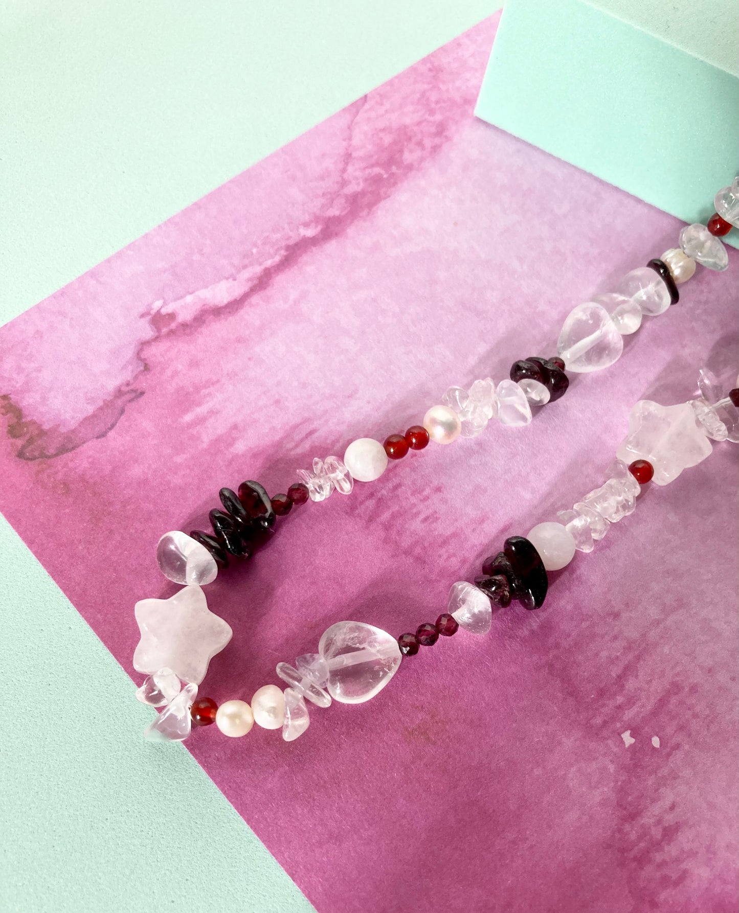 Playful Clear Quartz Necklace with Garnet, Moonstone, Heart & Star Shaped Beads