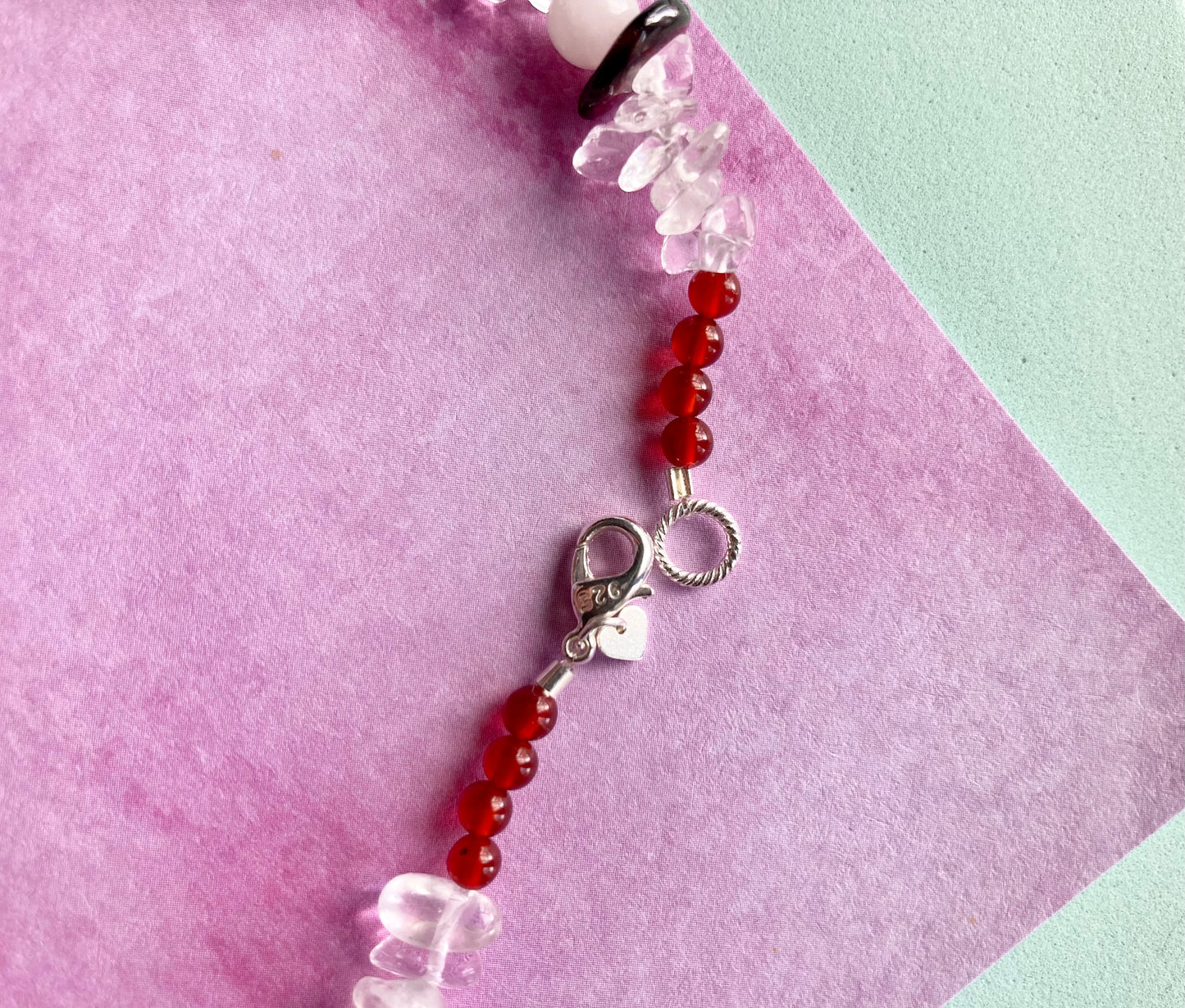 Playful Clear Quartz Necklace with Garnet, Moonstone, Heart & Star Shaped Beads