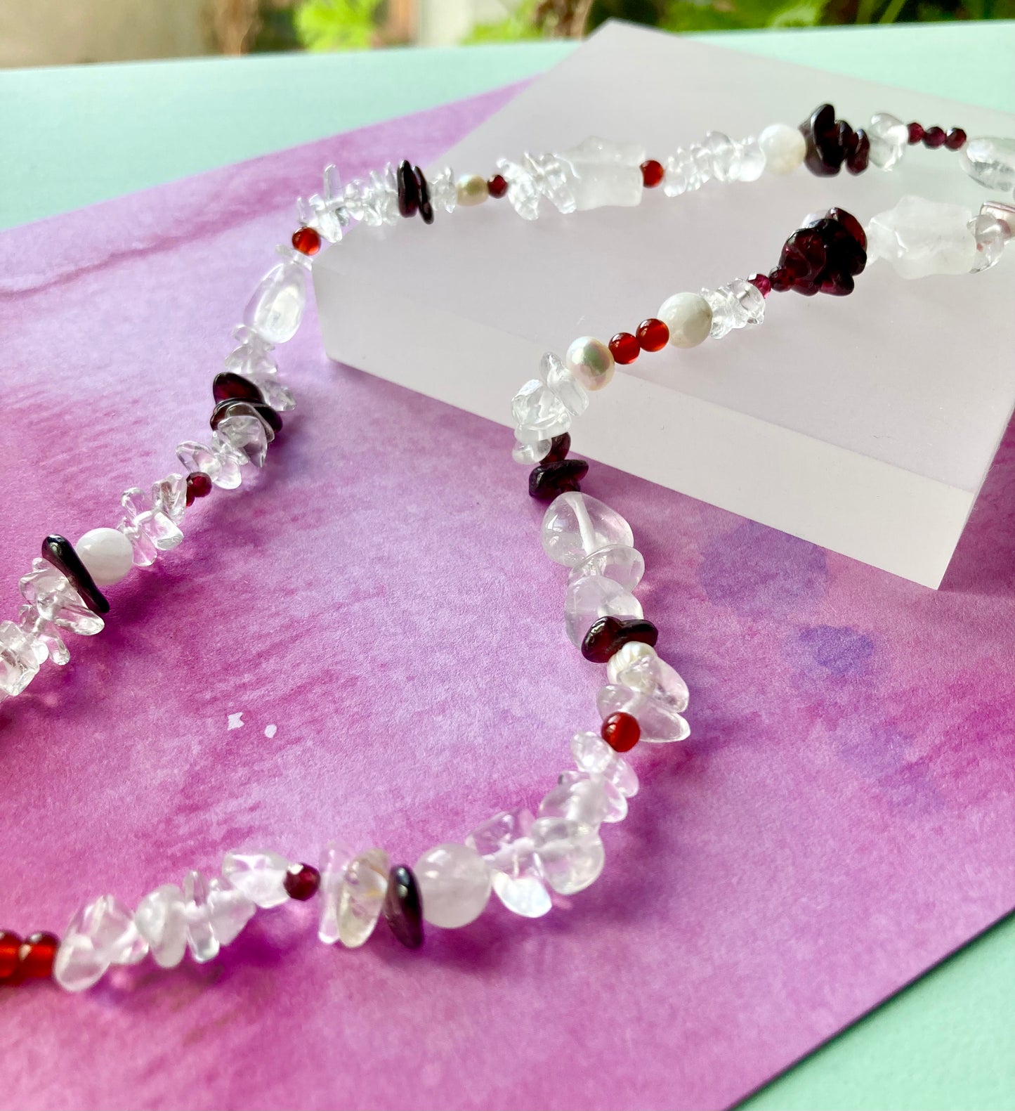 Playful Clear Quartz Necklace with Garnet, Moonstone, Heart & Star Shaped Beads