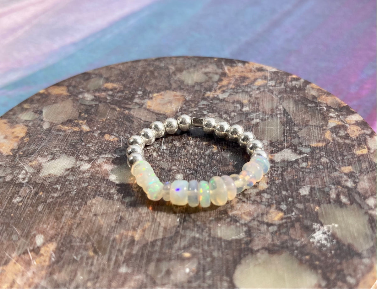 Natural White Ethiopian Opal and Silver Beads Anti-Anxiety Elastic Fidget Ring