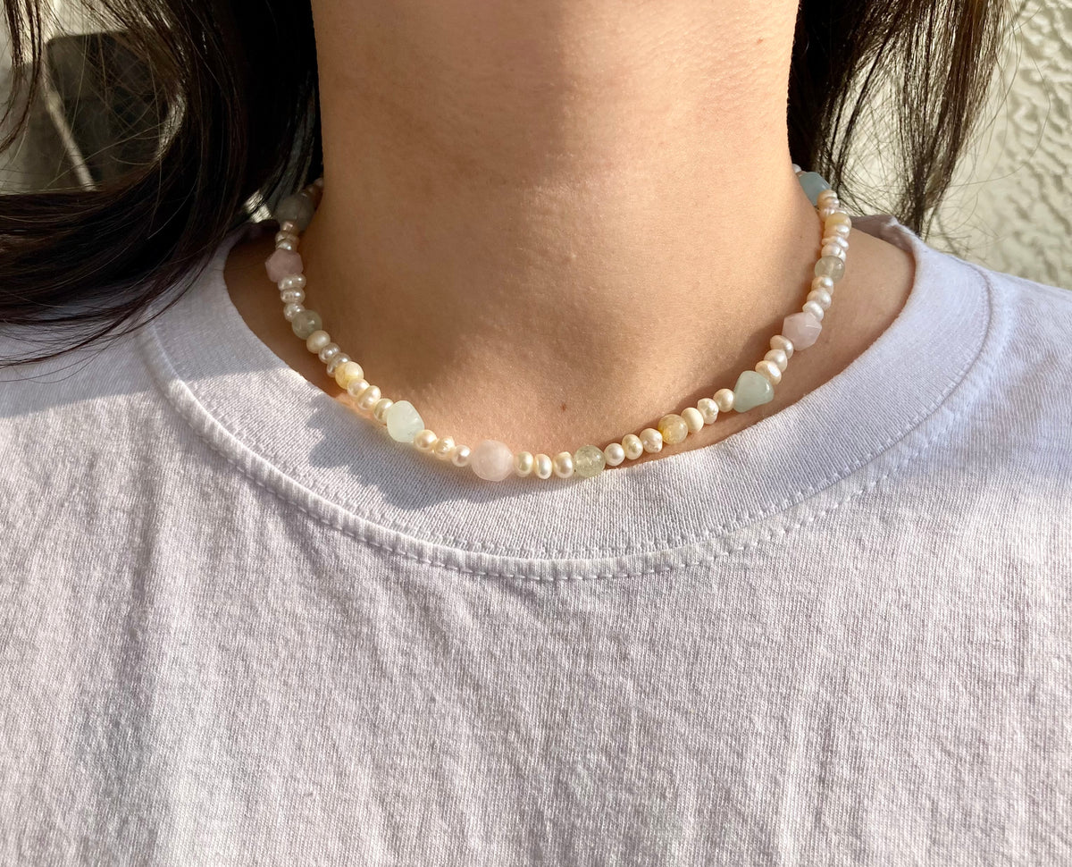 Lovely Pastel Gemstone and Freshwater Pearl Necklace with Aquamarine, Peridot, Citrine & Rose Quartz