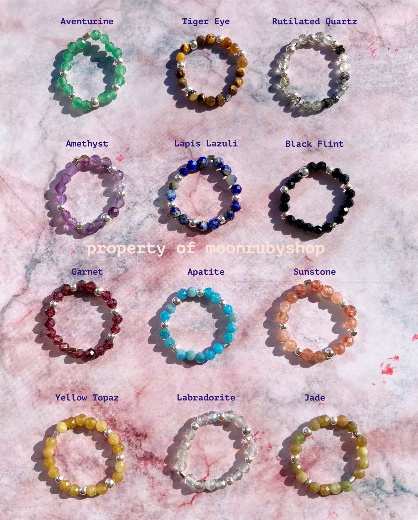 Elastic Fidget Rings with Faceted Gemstones and 925 Sterling Silver Beads – Minimalist, Handmade