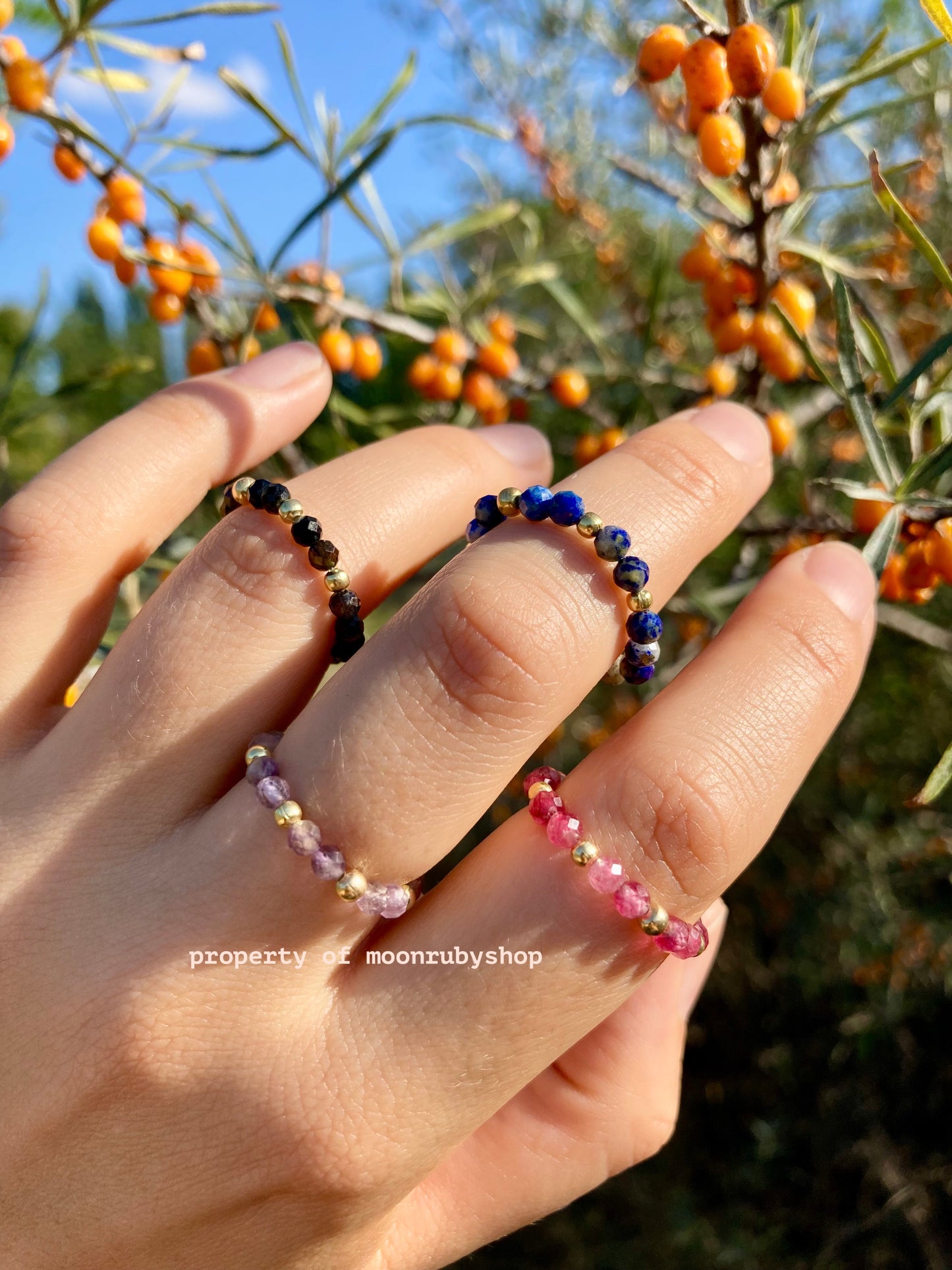 Elastic Worry Ring with Natural Faceted Gemstones and Gold-Plated 925 Sterling Silver Beads – Handmade, Calming, and Minimalist