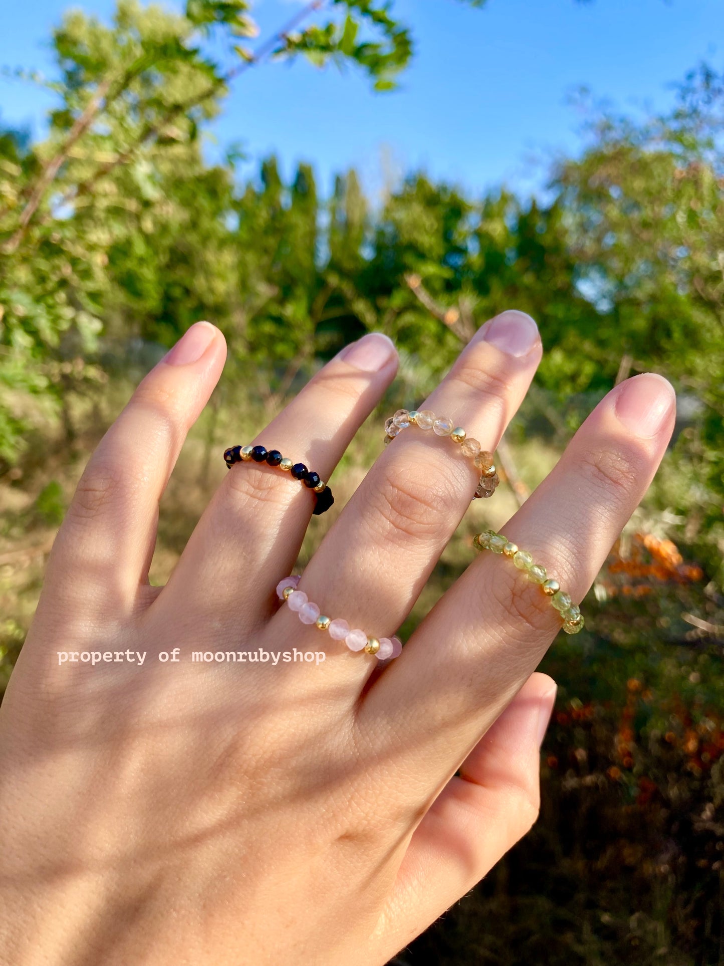 Elastic Worry Ring with Natural Faceted Gemstones and Gold-Plated 925 Sterling Silver Beads – Handmade, Calming, and Minimalist