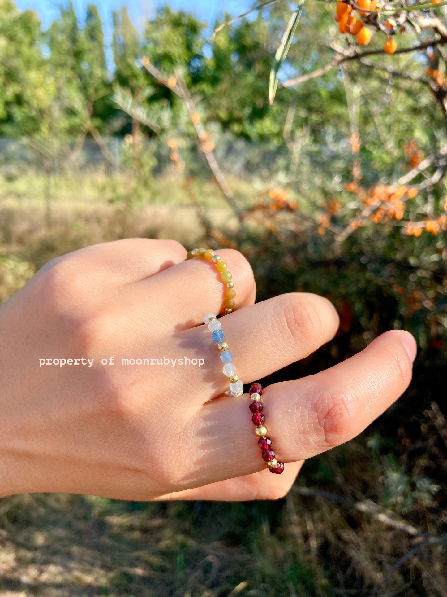 Elastic Worry Ring with Natural Faceted Gemstones and Gold-Plated 925 Sterling Silver Beads – Handmade, Calming, and Minimalist