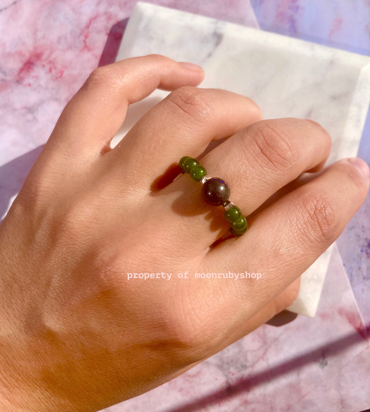 Luxurious Jade and Real Black Opal Elastic Anti-Anxiety Ring with Solid Silver