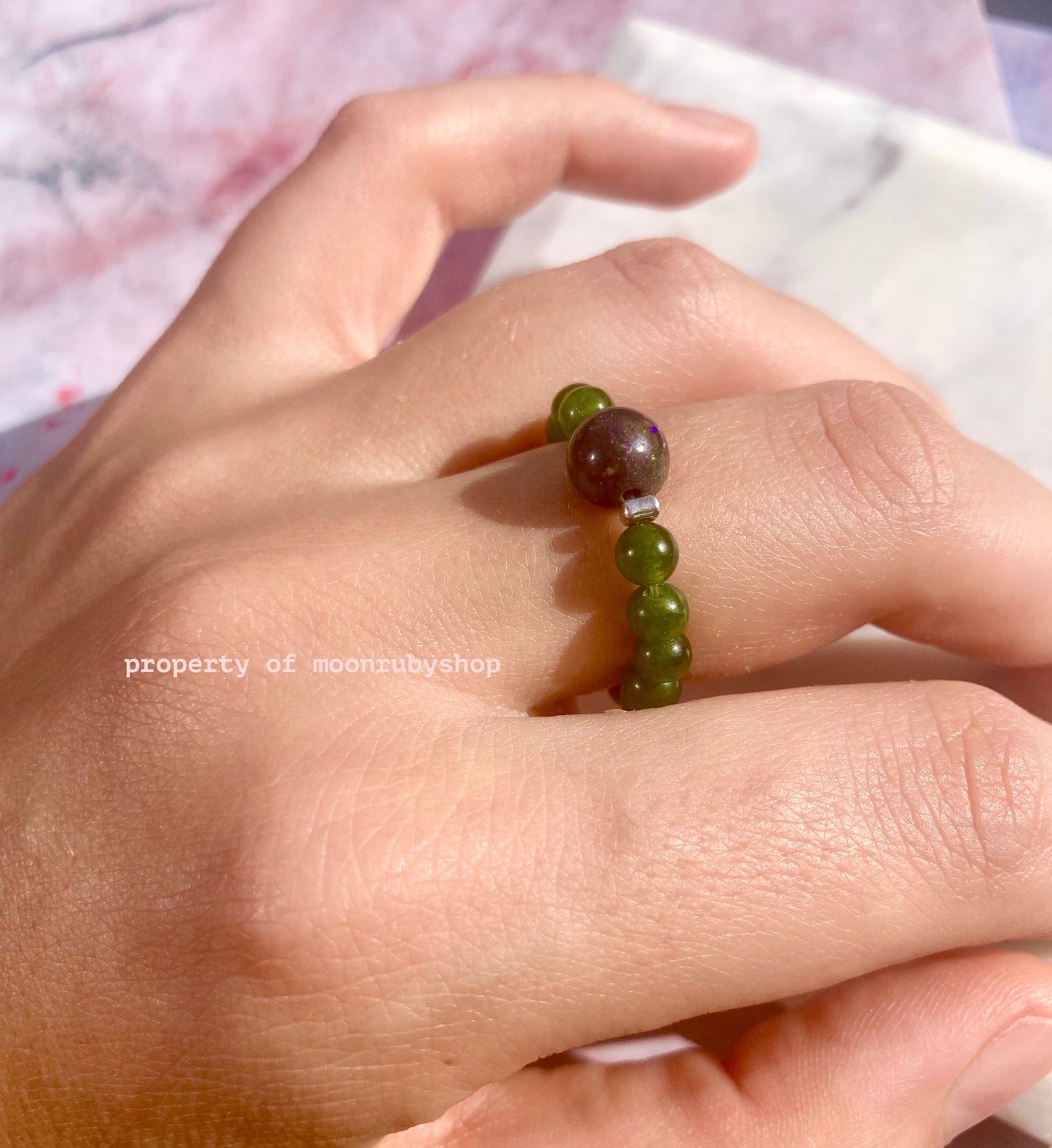 Luxurious Jade and Real Black Opal Elastic Anti-Anxiety Ring with Solid Silver
