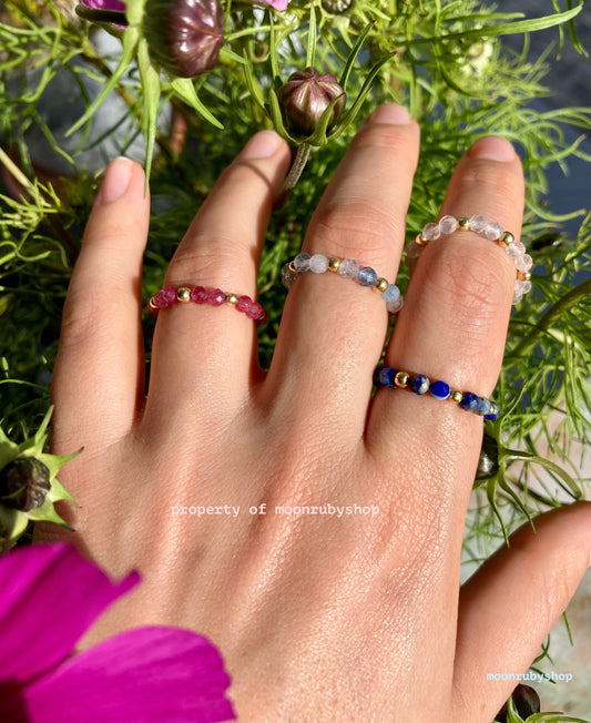 Elastic Worry Ring with Natural Faceted Gemstones and Gold-Plated 925 Sterling Silver Beads – Handmade, Calming, and Minimalist