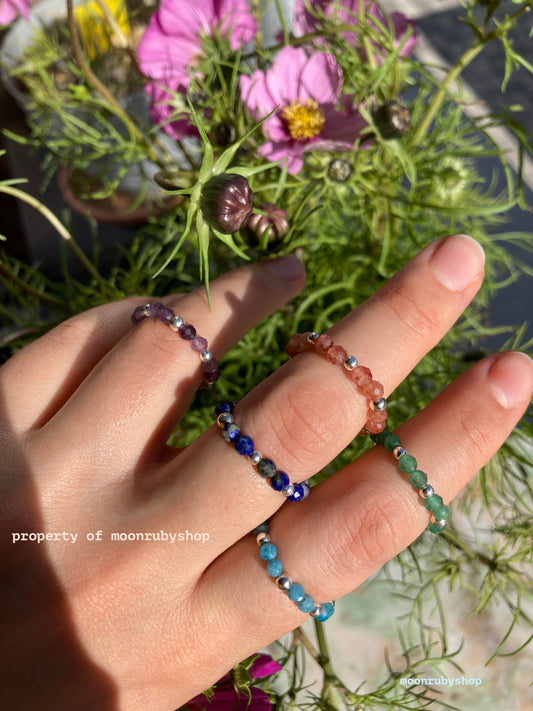 Elastic Fidget Rings with Faceted Gemstones and 925 Sterling Silver Beads – Minimalist, Handmade