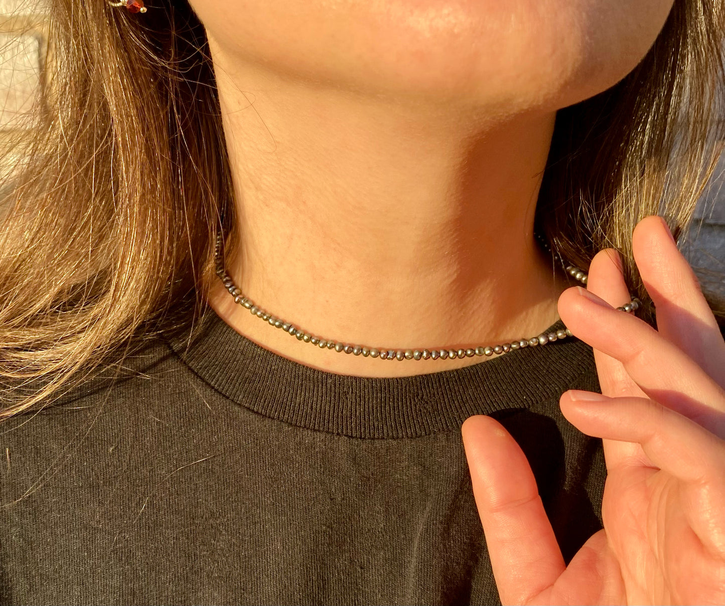 Delicate Black Freshwater Pearl Necklace with Tiny 3mm Pearls and Sterling Silver Clasp
