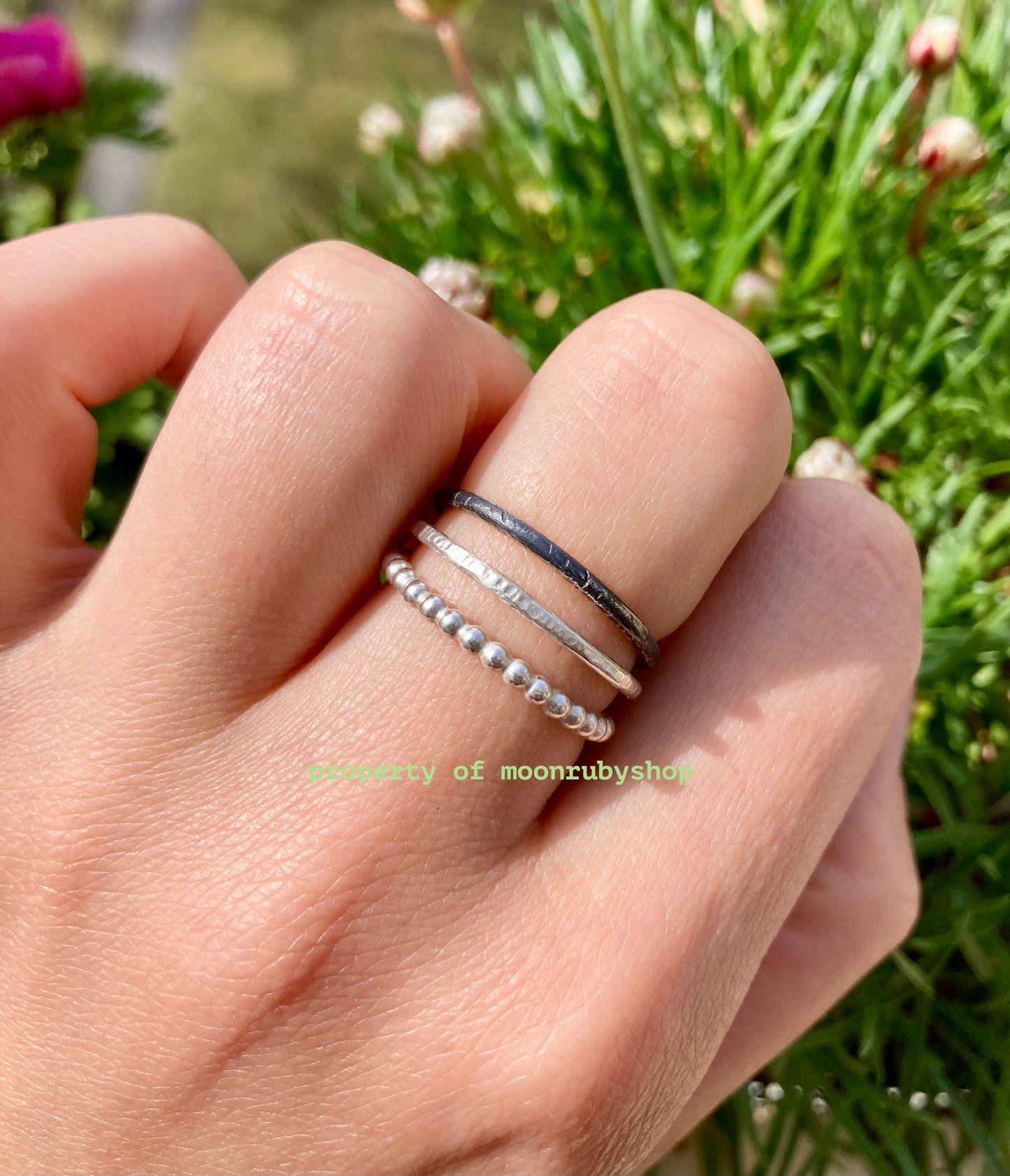 3 Unique Handmade Patinated and Textured Stacking Silver Rings Set