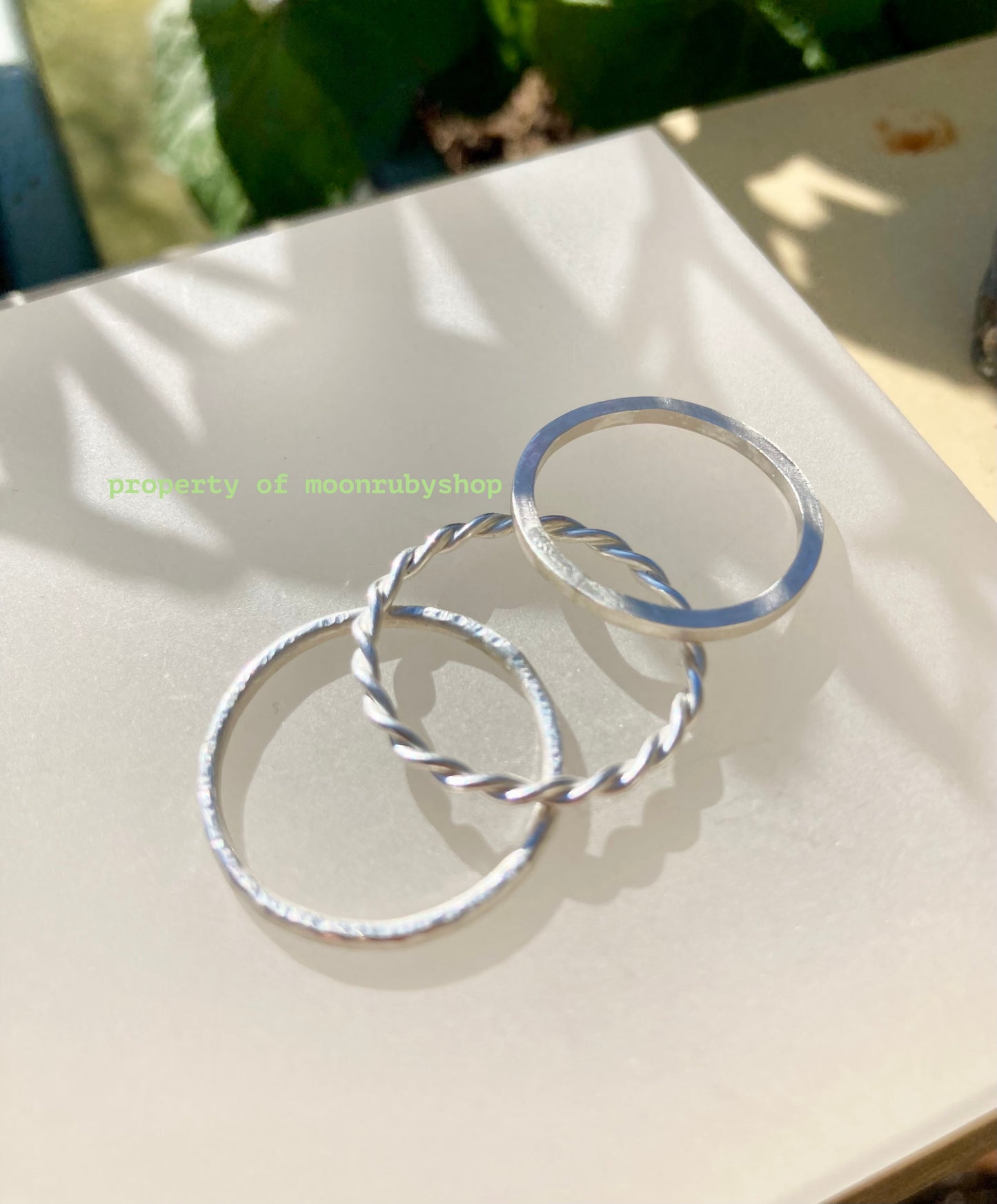 3 Handmade Stacking Silver Rings Set – Twisted Wire, Satin-Finish, and Hammered Designs