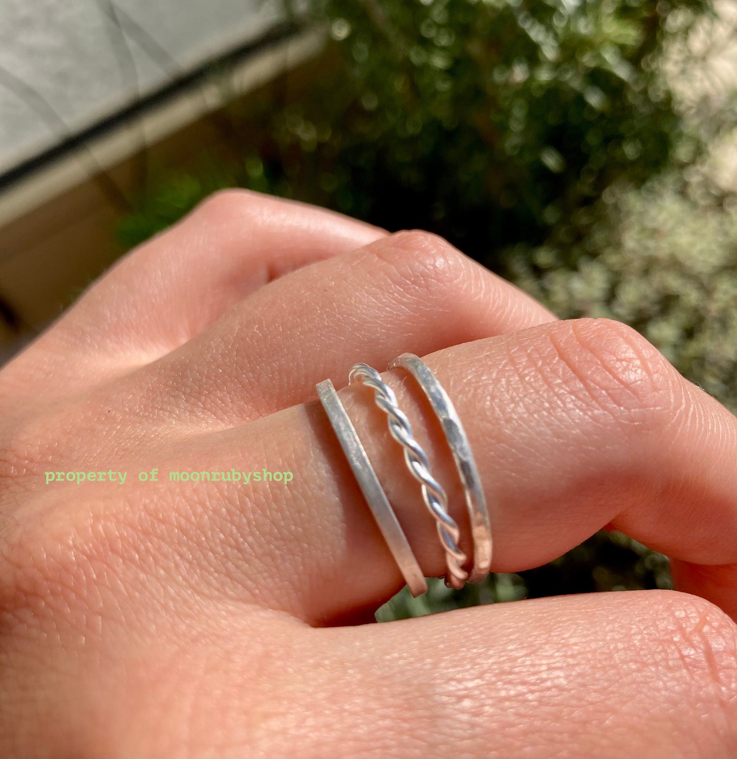 3 Handmade Stacking Silver Rings Set – Twisted Wire, Satin-Finish, and Hammered Designs