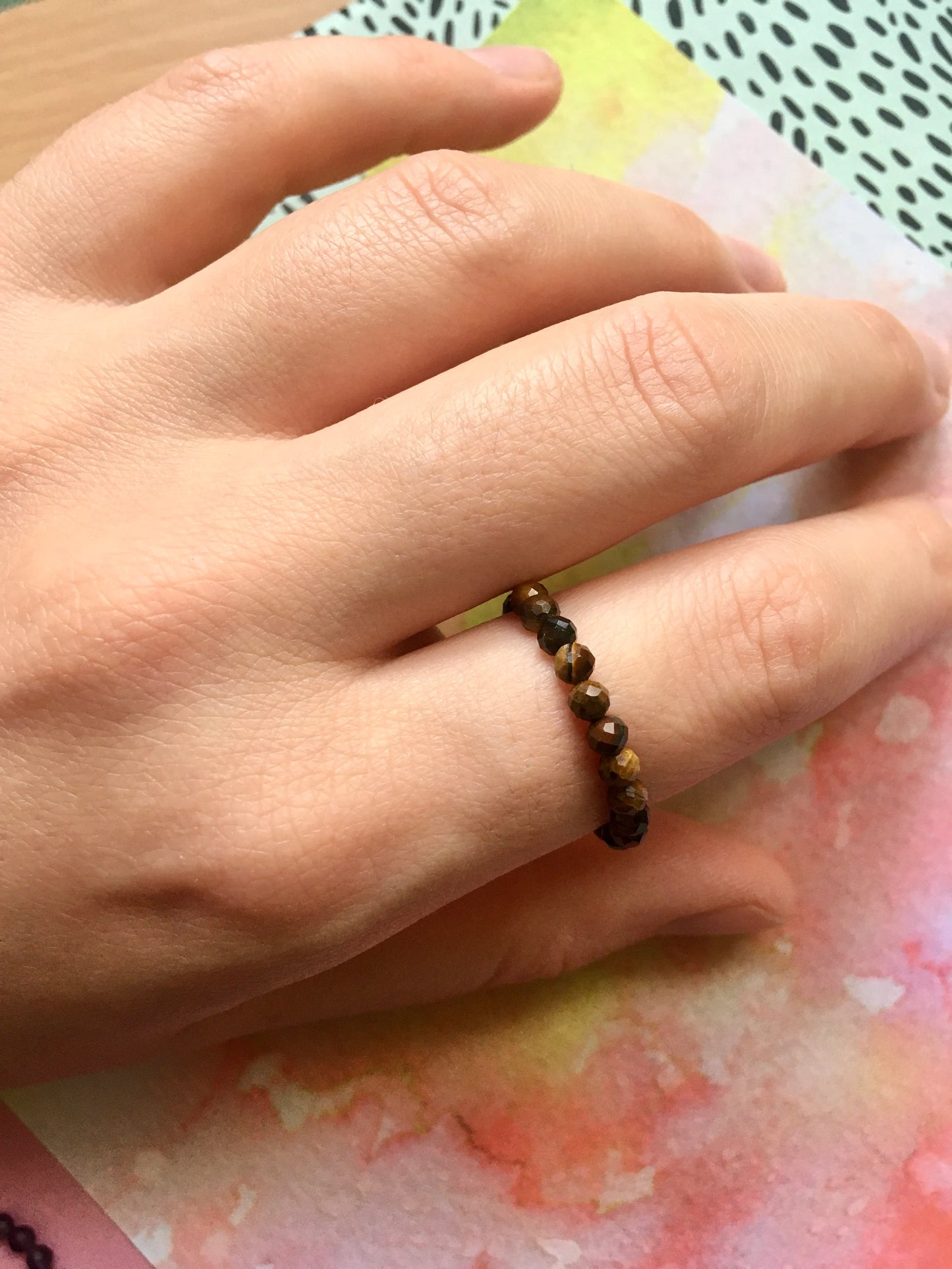 Elastic Worry Ring with Natural Faceted Gemstone Beads