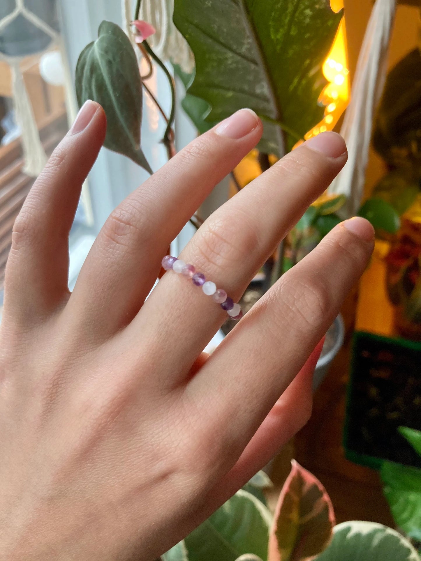 Elastic Worry Ring with Natural Faceted Gemstone Beads