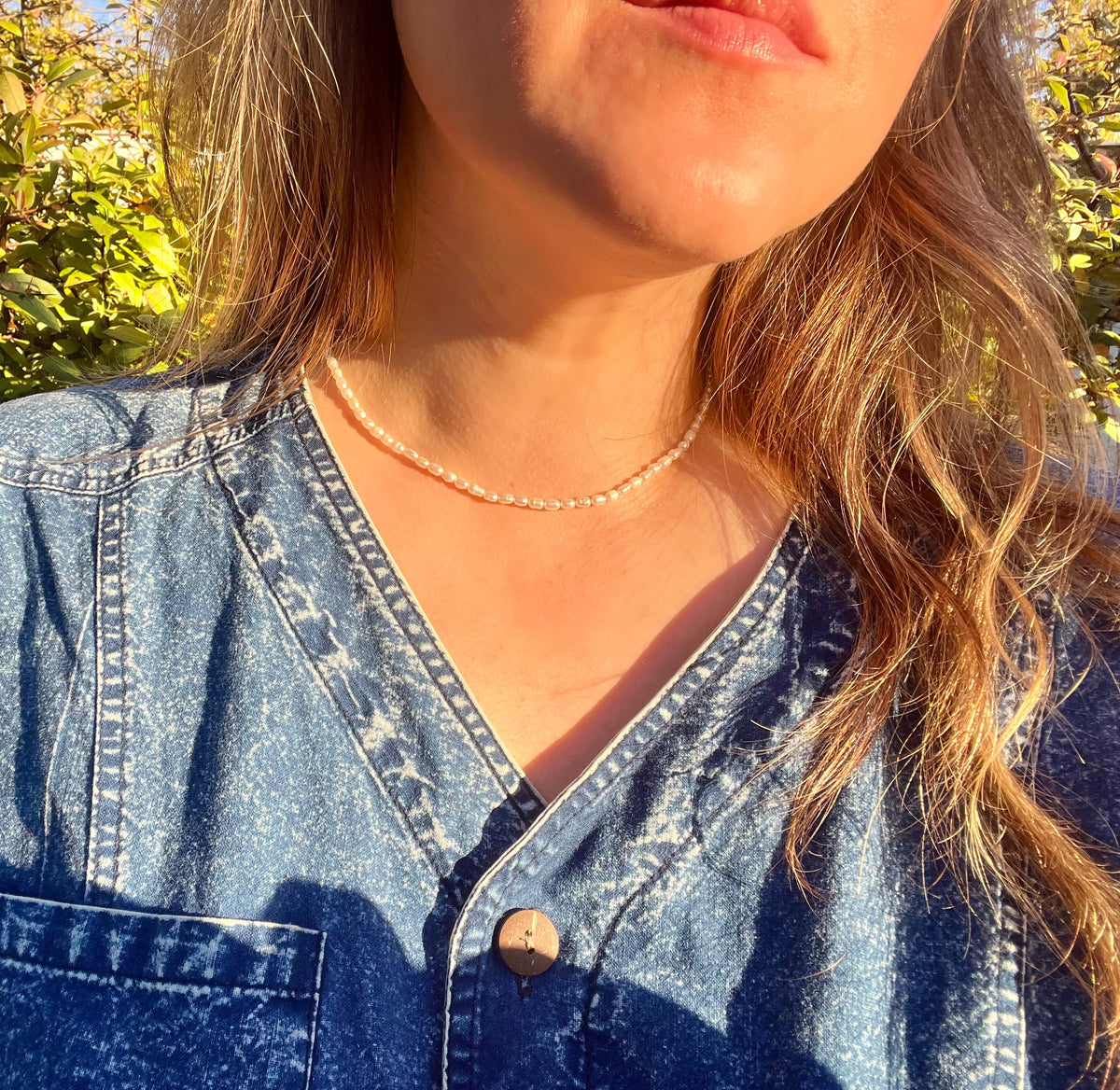 Delicate White Rice Freshwater Pearl Necklace with Sterling Silver Findings