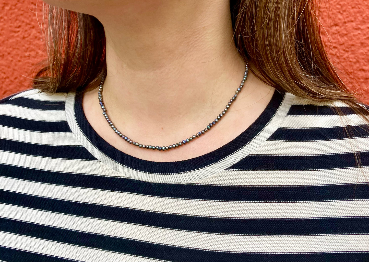 Delicate Black Freshwater Pearl Necklace with Tiny 3mm Pearls and Sterling Silver Clasp