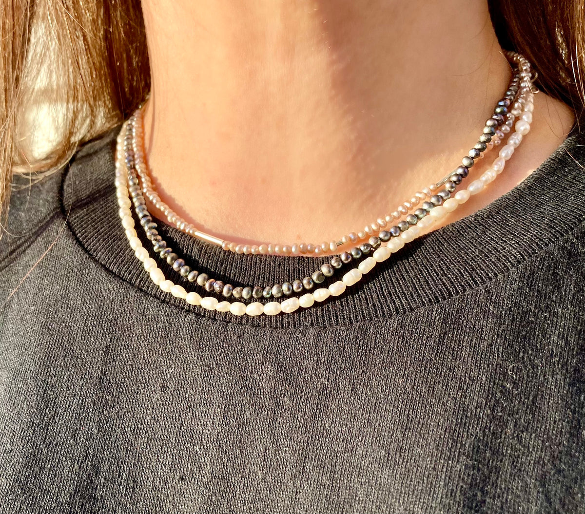 Delicate White Rice Freshwater Pearl Necklace with Sterling Silver Findings