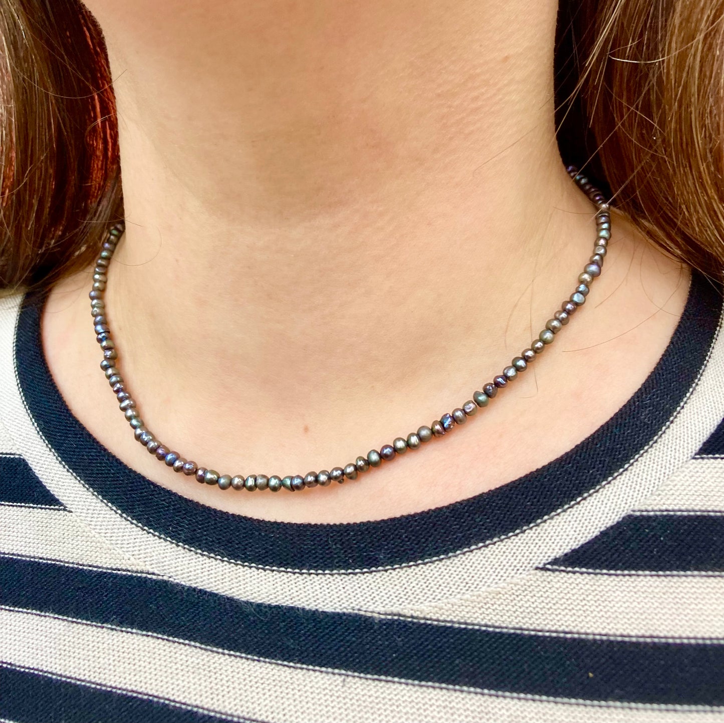 Delicate Black Freshwater Pearl Necklace with Tiny 3mm Pearls and Sterling Silver Clasp