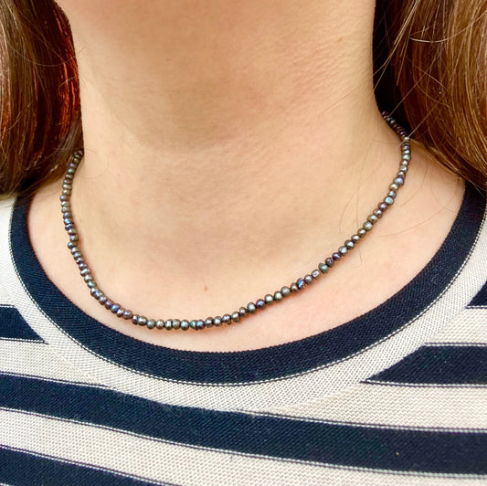 Delicate Black Freshwater Pearl Necklace with Tiny 3mm Pearls and Sterling Silver Clasp